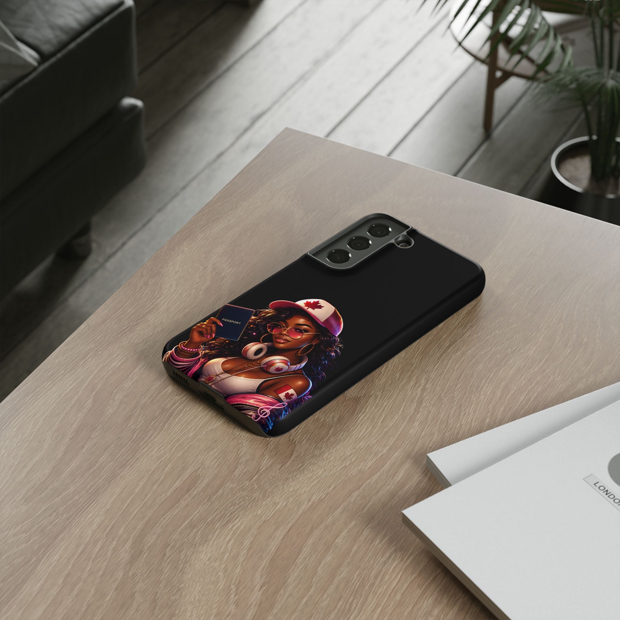 Canadian Vibes Phone Case — Afrobeat Girl with Headphones & Passport Design