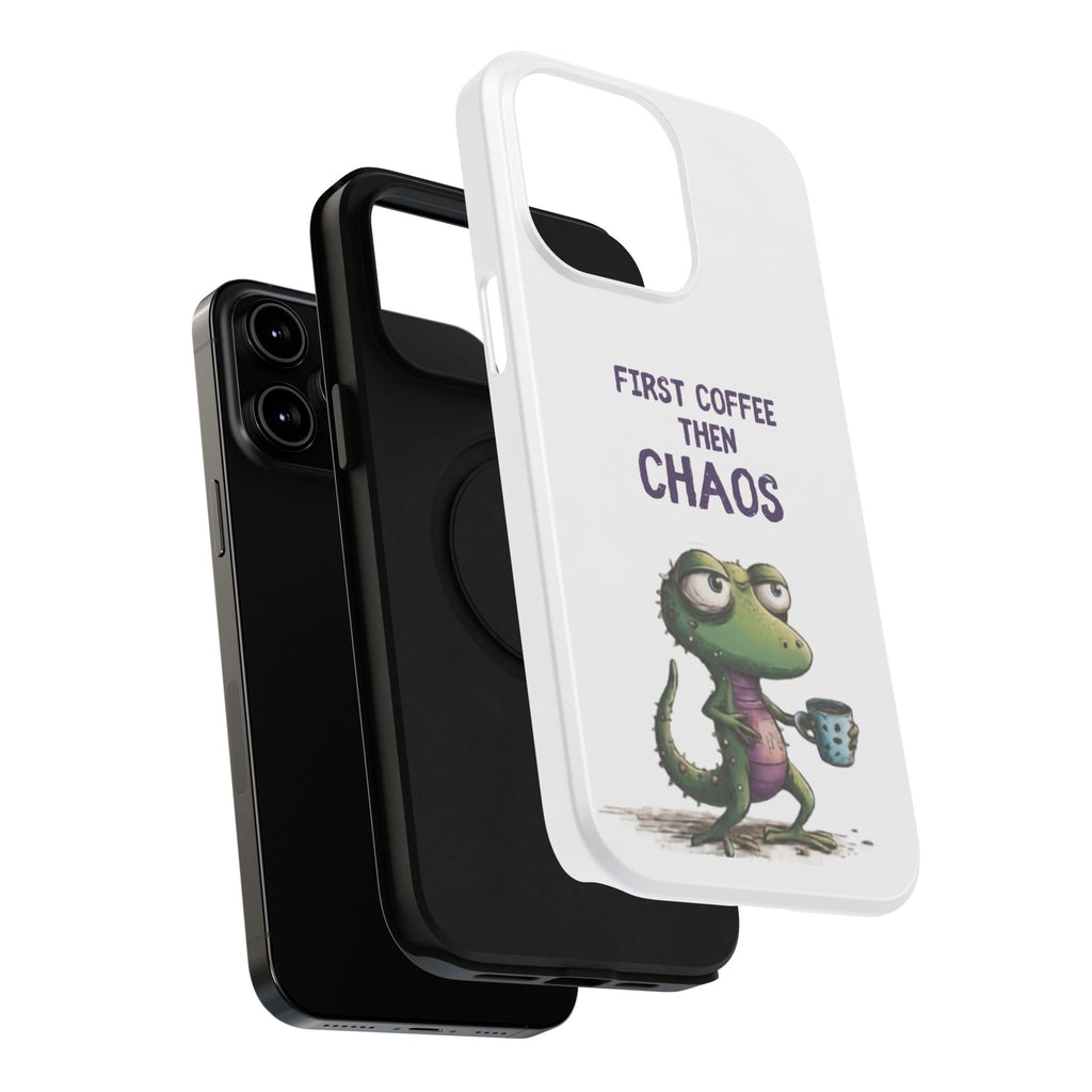 Impact-Resistant Phone Case — "First Coffee Then Chaos" Cute Lizard Coffee Design