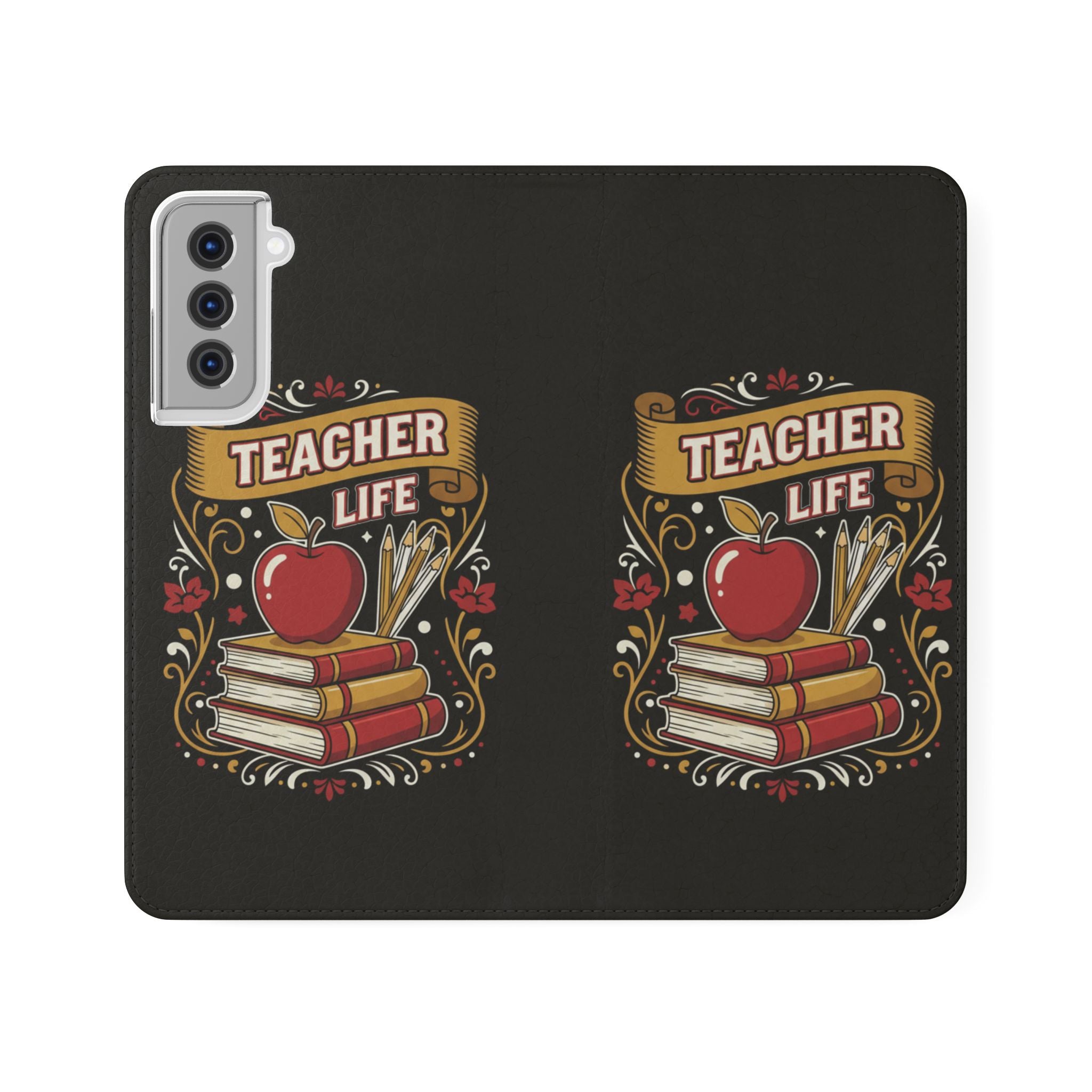 Teacher Life Flip Phone Case – Wallet Folio with Apple & Books Design