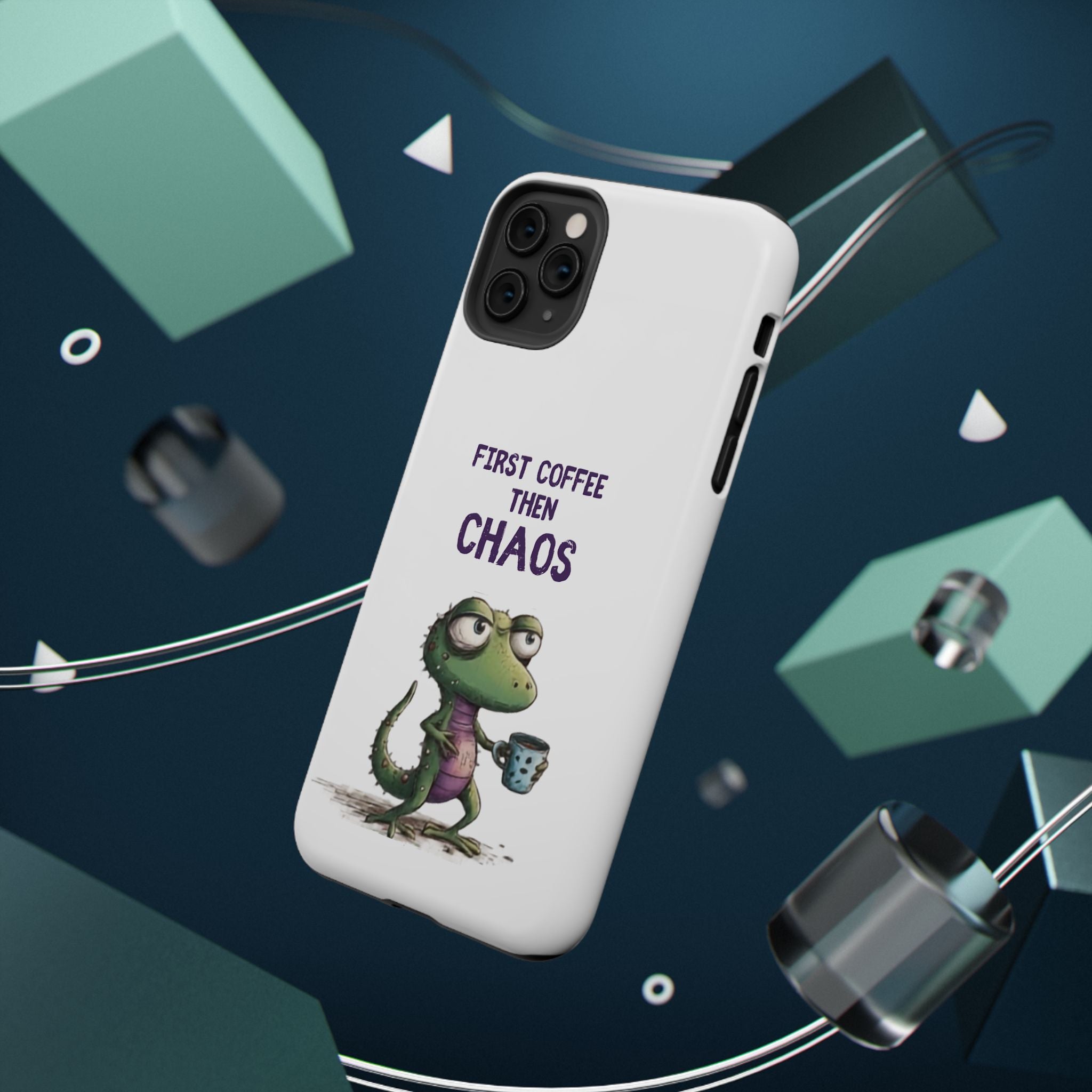 Impact-Resistant Phone Case — "First Coffee Then Chaos" Cute Lizard Coffee Design