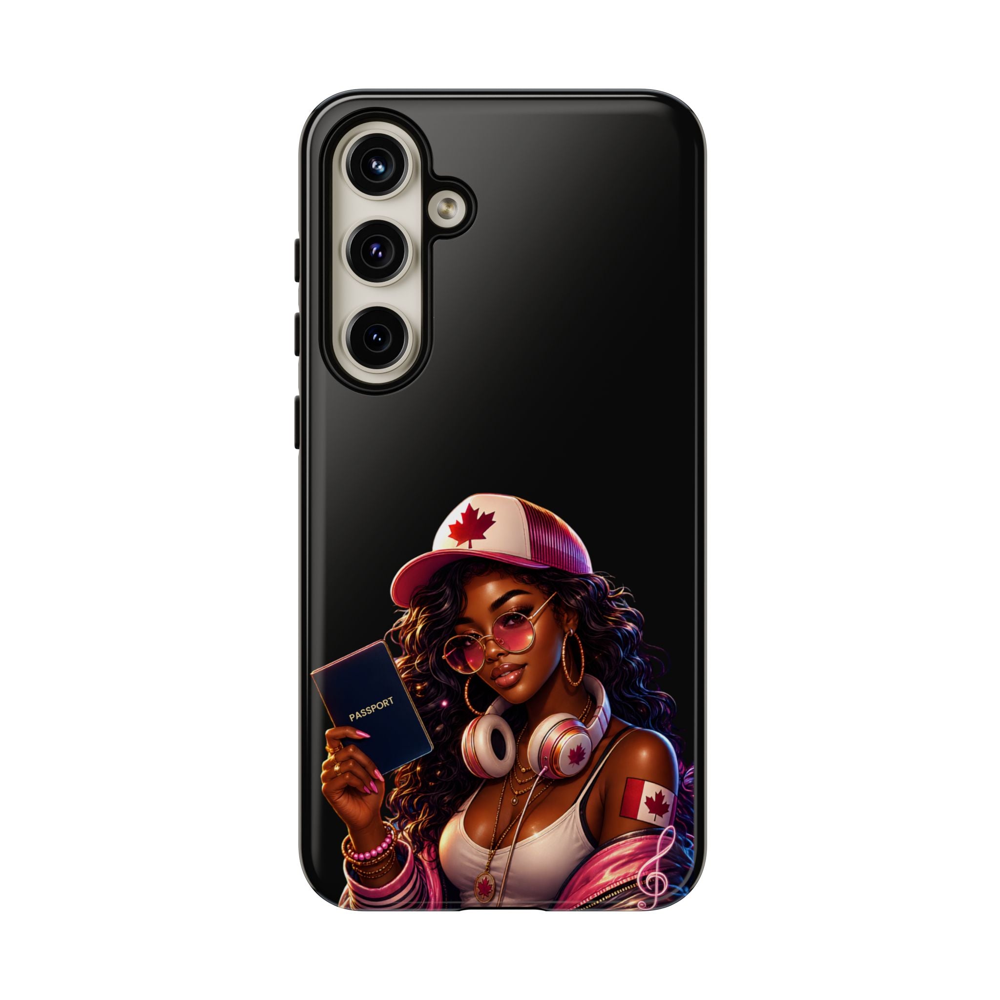 Canadian Vibes Phone Case — Afrobeat Girl with Headphones & Passport Design