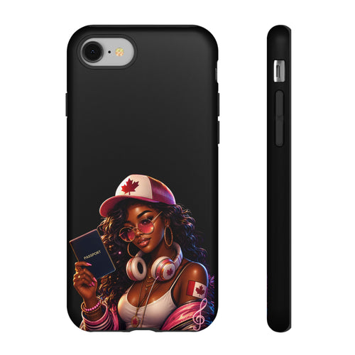 Canadian Vibes Phone Case — Afrobeat Girl with Headphones & Passport Design