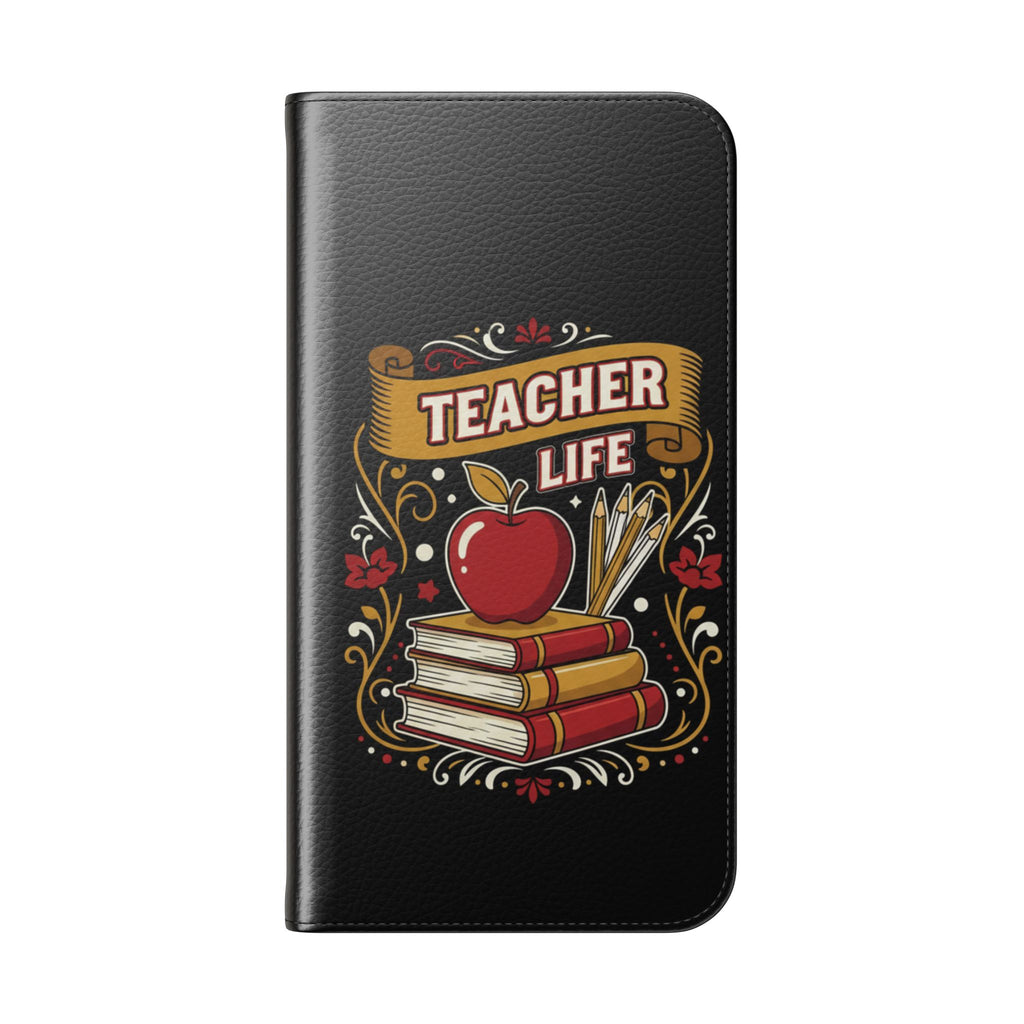 Teacher Life Flip Phone Case – Wallet Folio with Apple & Books Design
