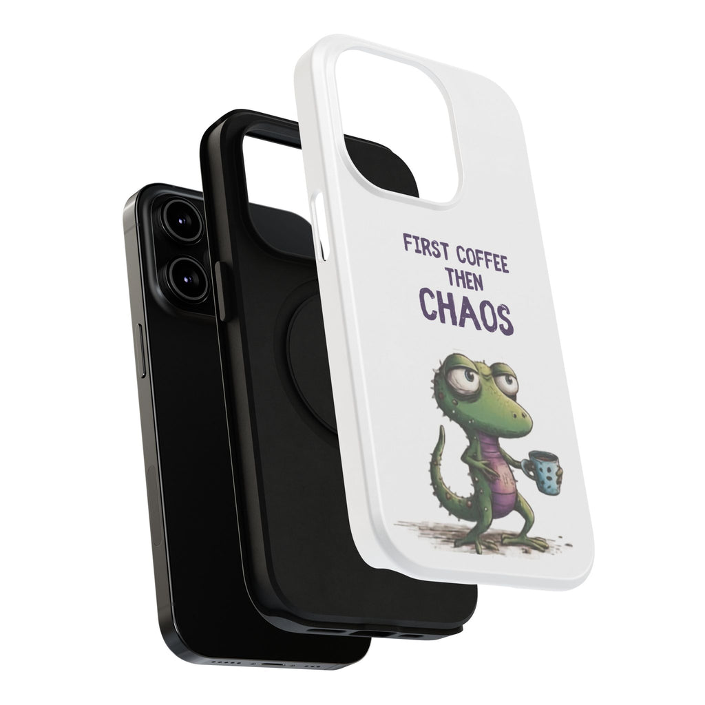 Impact-Resistant Phone Case — "First Coffee Then Chaos" Cute Lizard Coffee Design