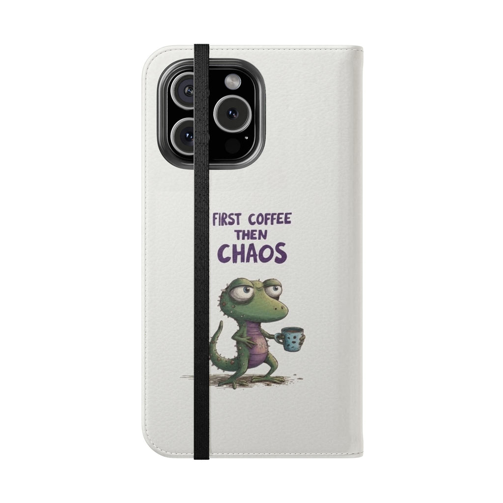 Flip Case — "First Coffee Then Chaos" Cute Dino Phone Wallet