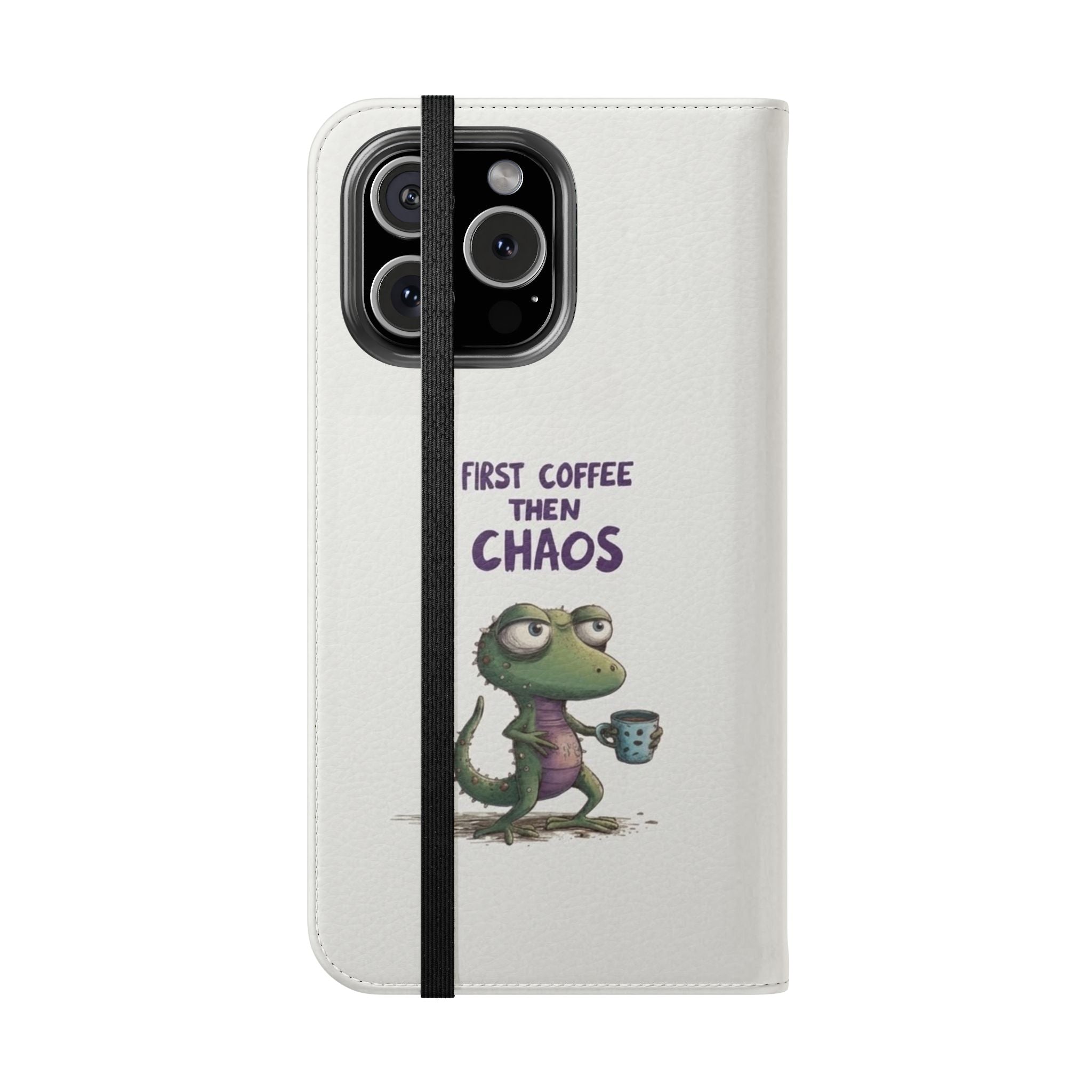 Flip Case — "First Coffee Then Chaos" Cute Dino Phone Wallet