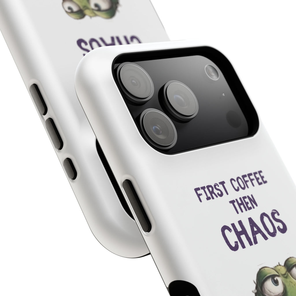 Impact-Resistant Phone Case — "First Coffee Then Chaos" Cute Lizard Coffee Design
