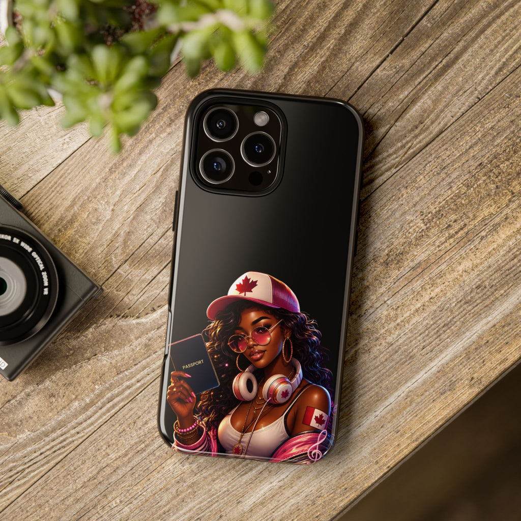 Canadian Vibes Phone Case — Afrobeat Girl with Headphones & Passport Design