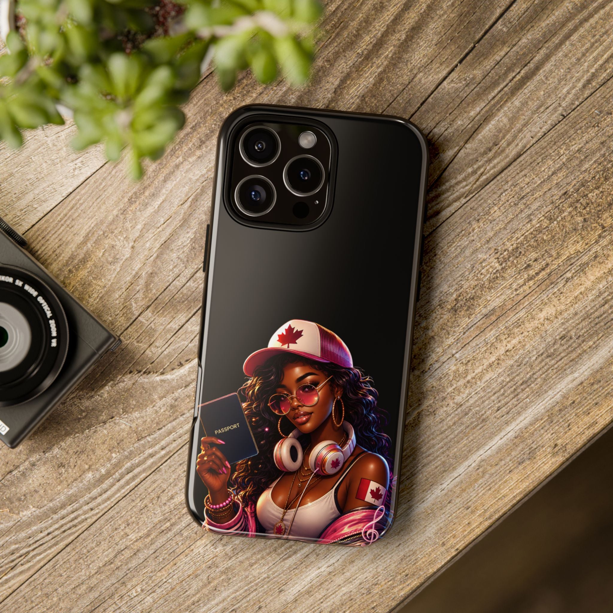 Canadian Vibes Phone Case — Afrobeat Girl with Headphones & Passport Design