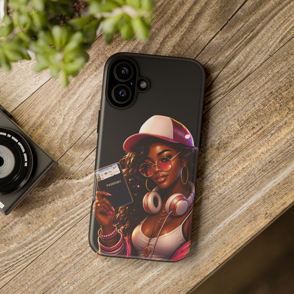 Tough Case – Stylized Urban Girl Phone Case with Headphones & Passport