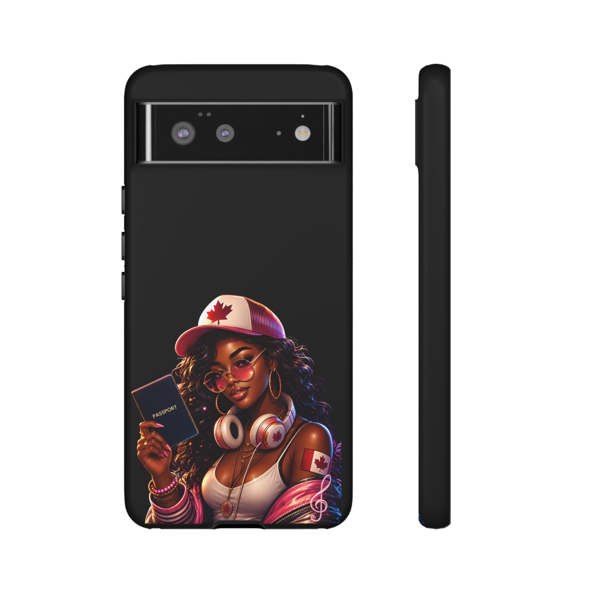 Canadian Vibes Phone Case — Afrobeat Girl with Headphones & Passport Design