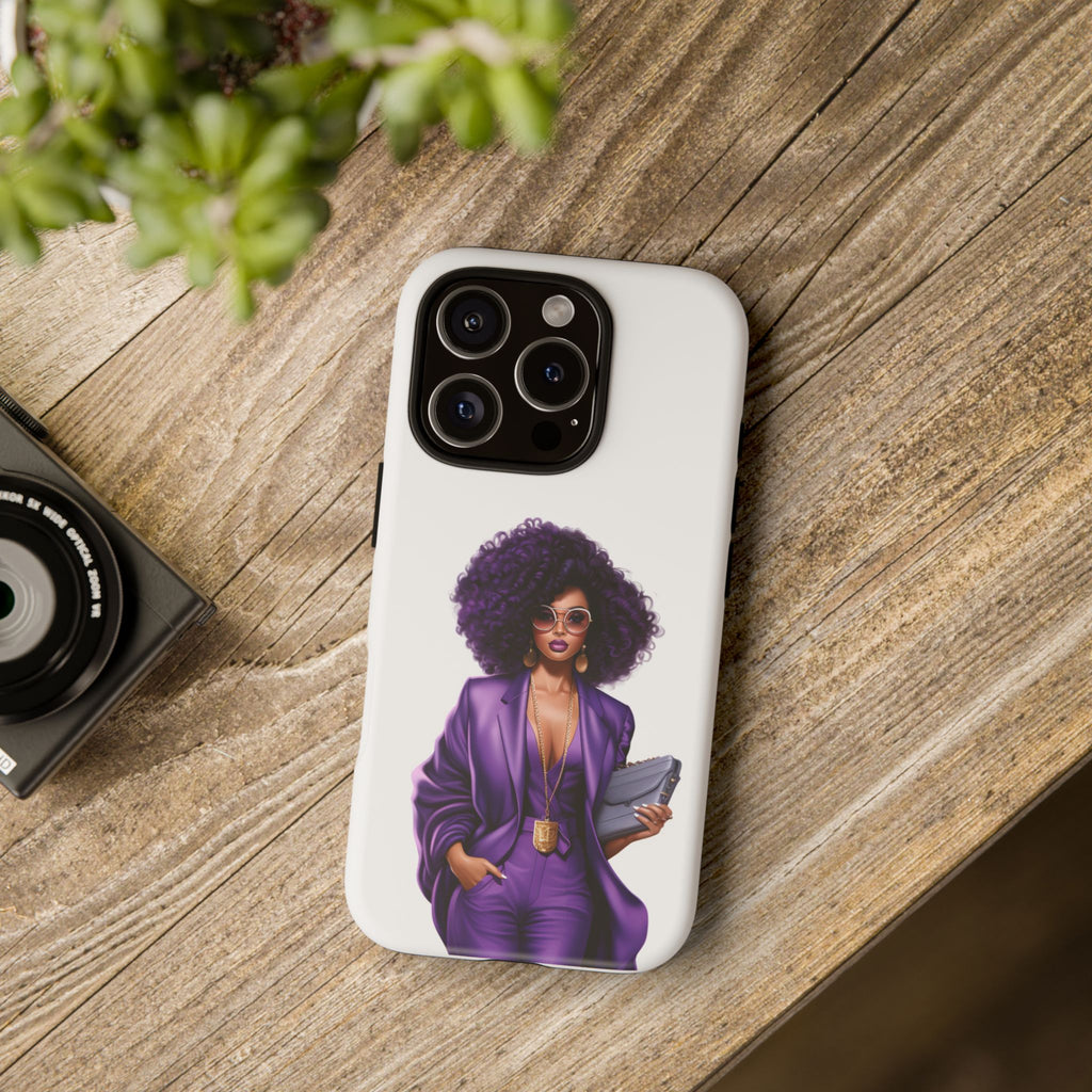 Purple Power Woman Phone Case — Afro Chic Businesswoman Protective Phone Cover