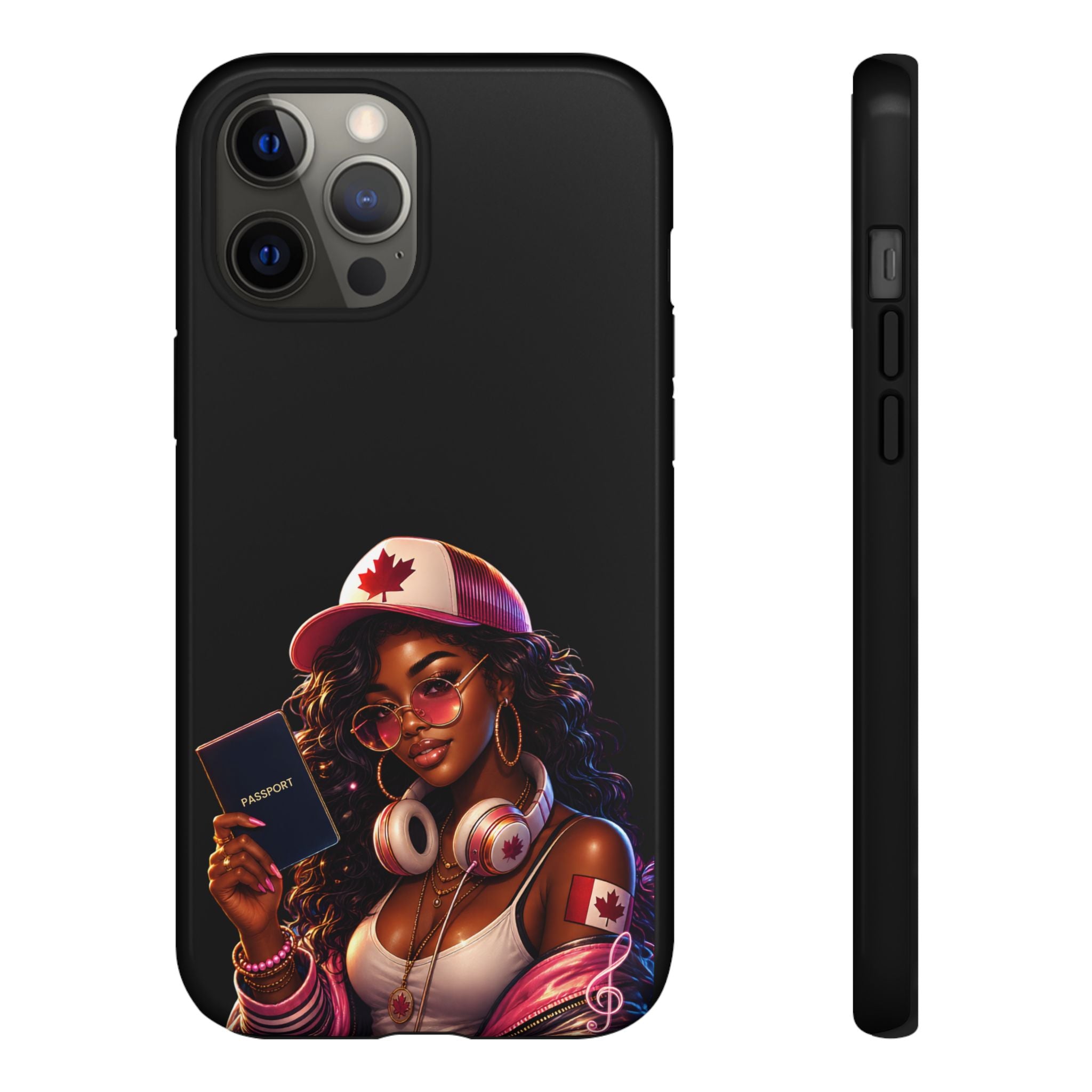 Canadian Vibes Phone Case — Afrobeat Girl with Headphones & Passport Design