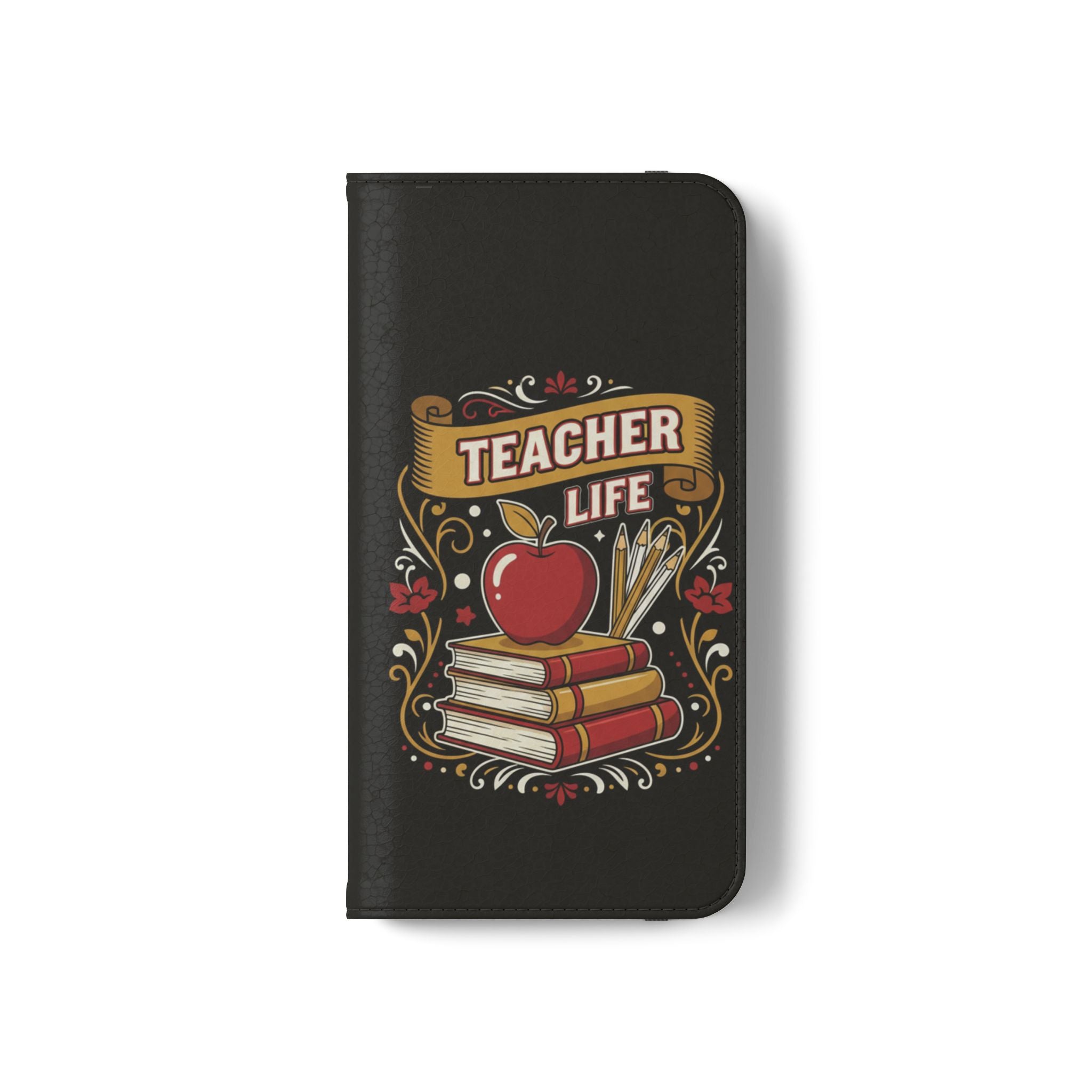 Teacher Life Flip Phone Case – Wallet Folio with Apple & Books Design