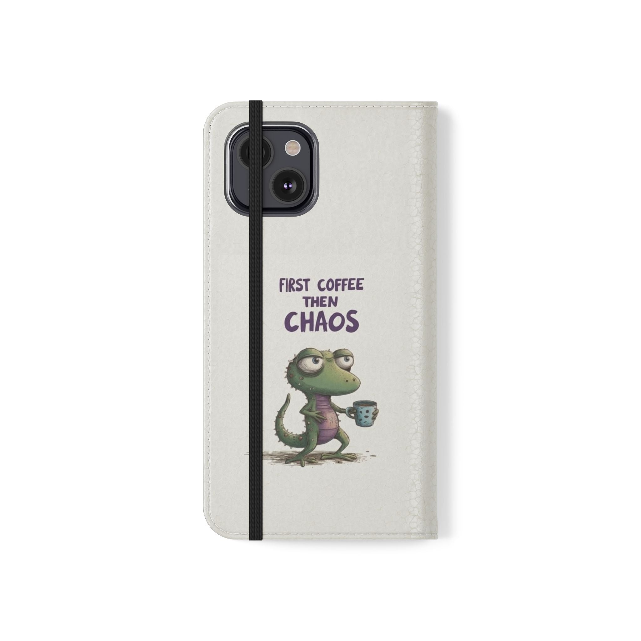 Flip Case — "First Coffee Then Chaos" Cute Dino Phone Wallet