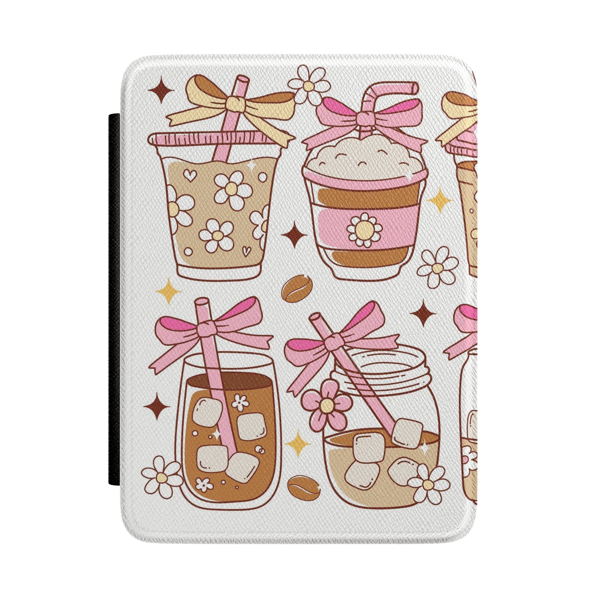 Cute Coffee & Sweets Kindle Case — Pink Floral Iced Coffee Pattern