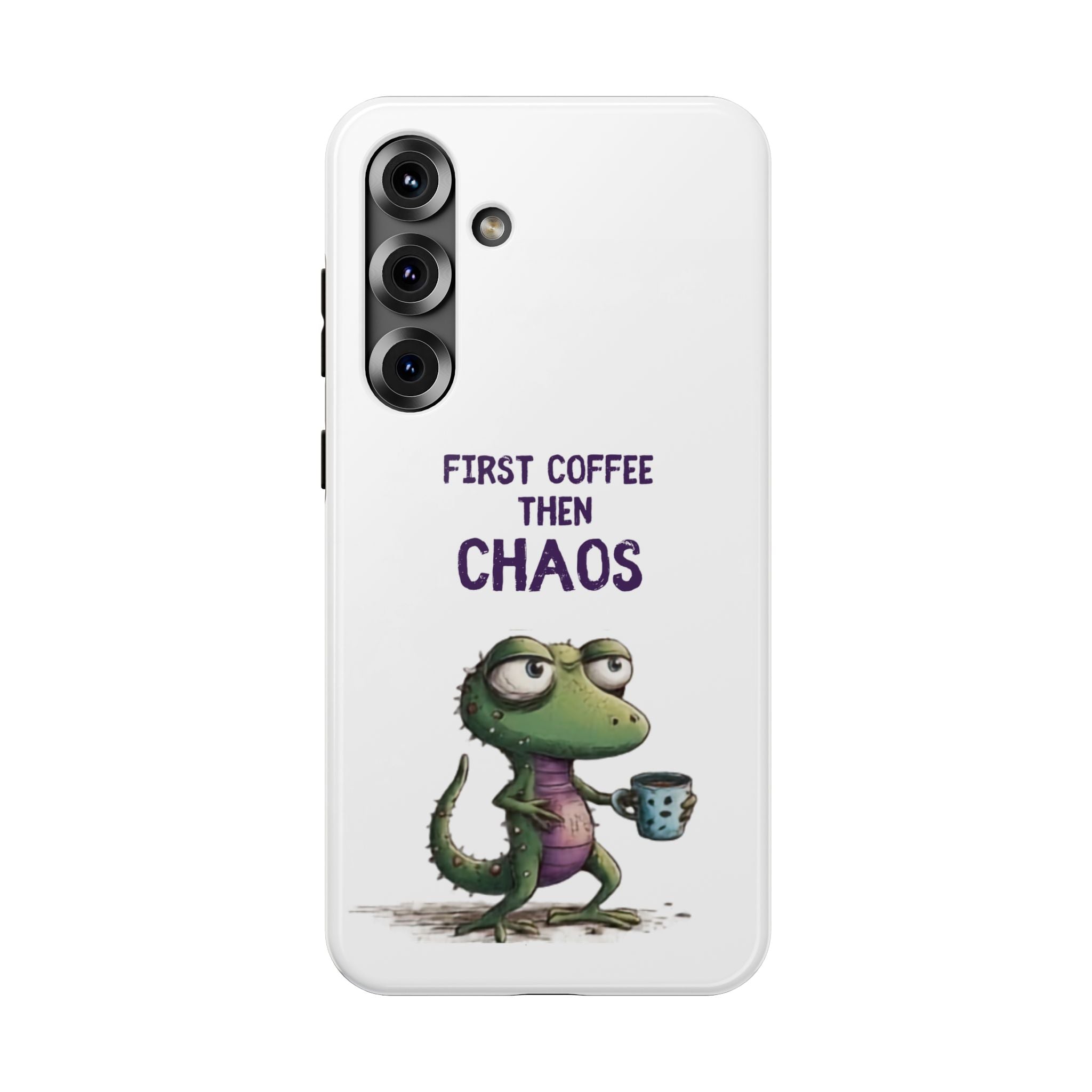 Impact-Resistant Phone Case — "First Coffee Then Chaos" Cute Lizard Coffee Design