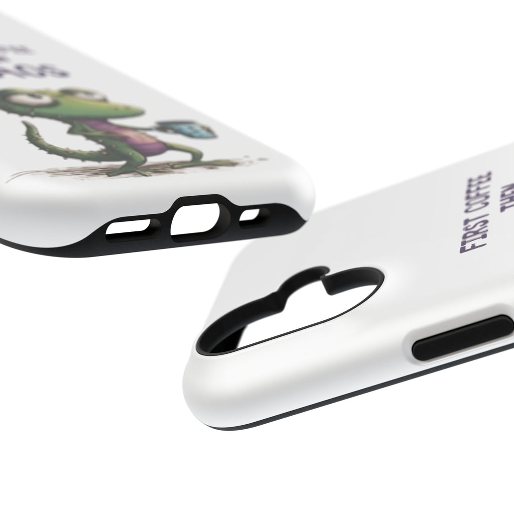 Impact-Resistant Phone Case — "First Coffee Then Chaos" Cute Lizard Coffee Design