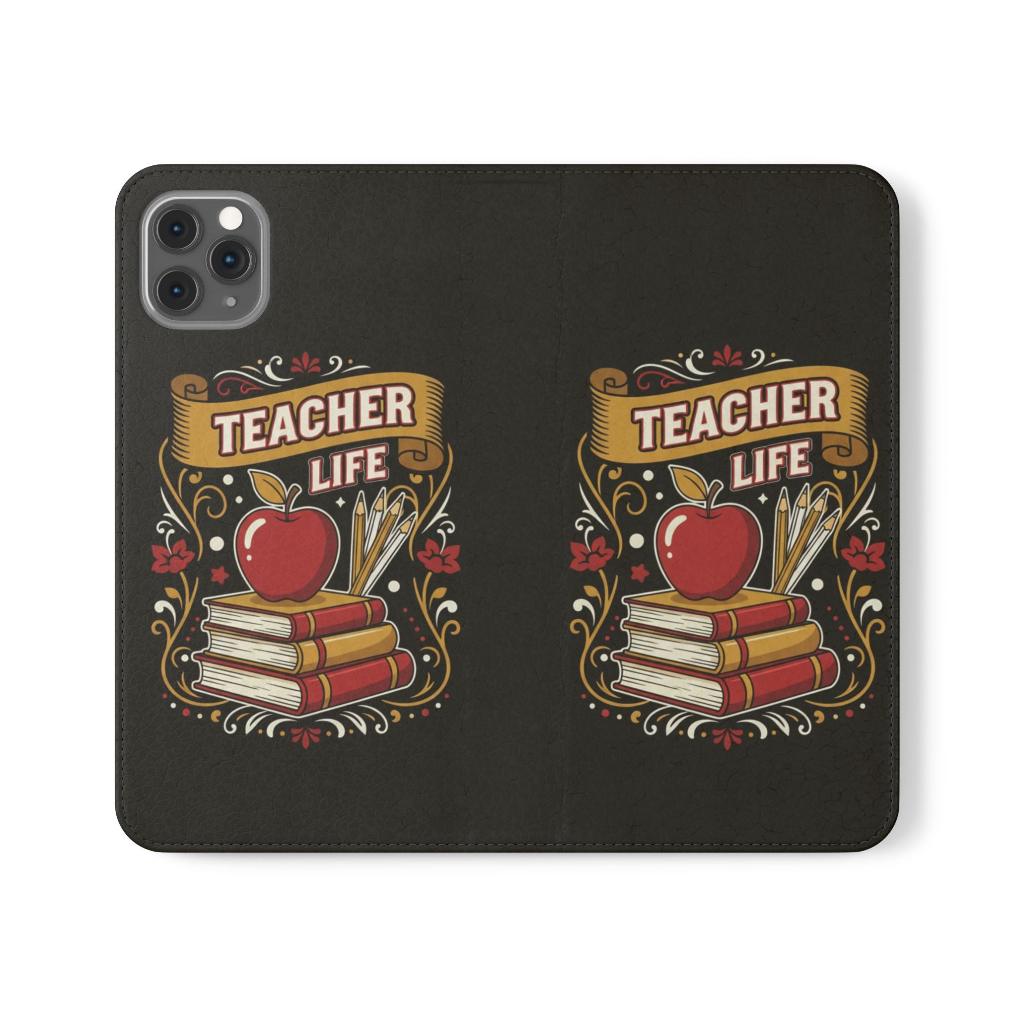 Teacher Life Flip Phone Case – Wallet Folio with Apple & Books Design