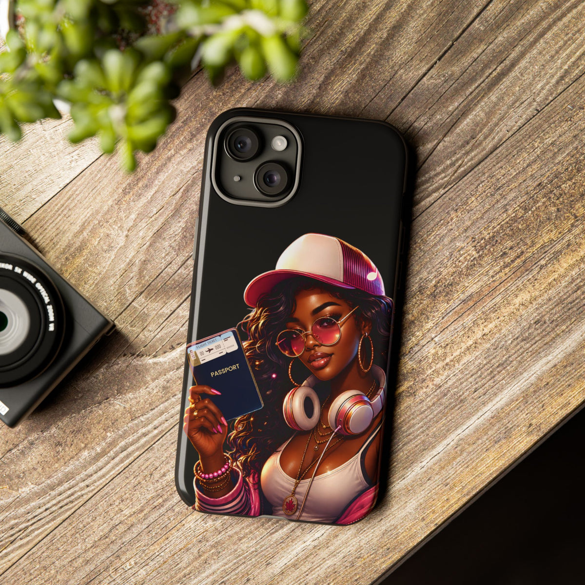Tough Case – Stylized Urban Girl Phone Case with Headphones & Passport