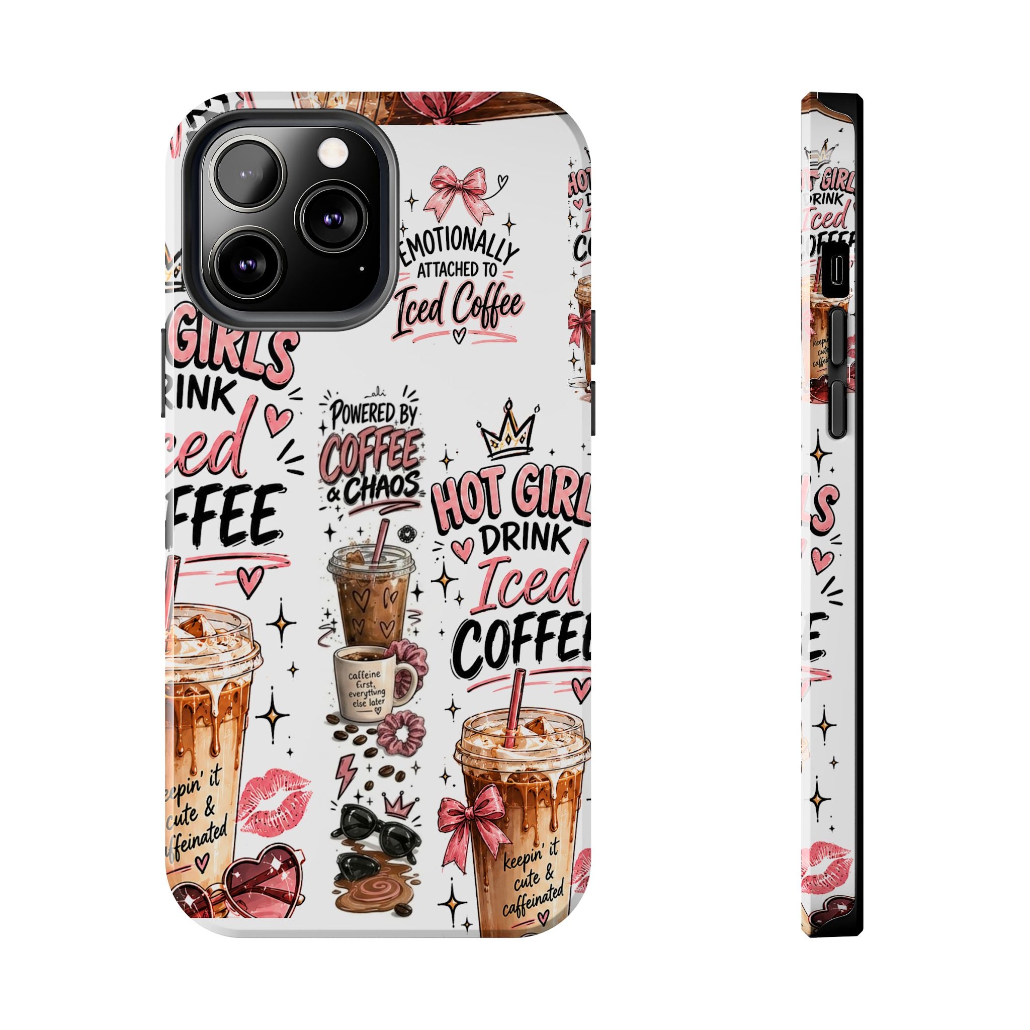 Iced Coffee Pattern Phone Case – "Powered by Coffee & Chaos" Tough Protective Case