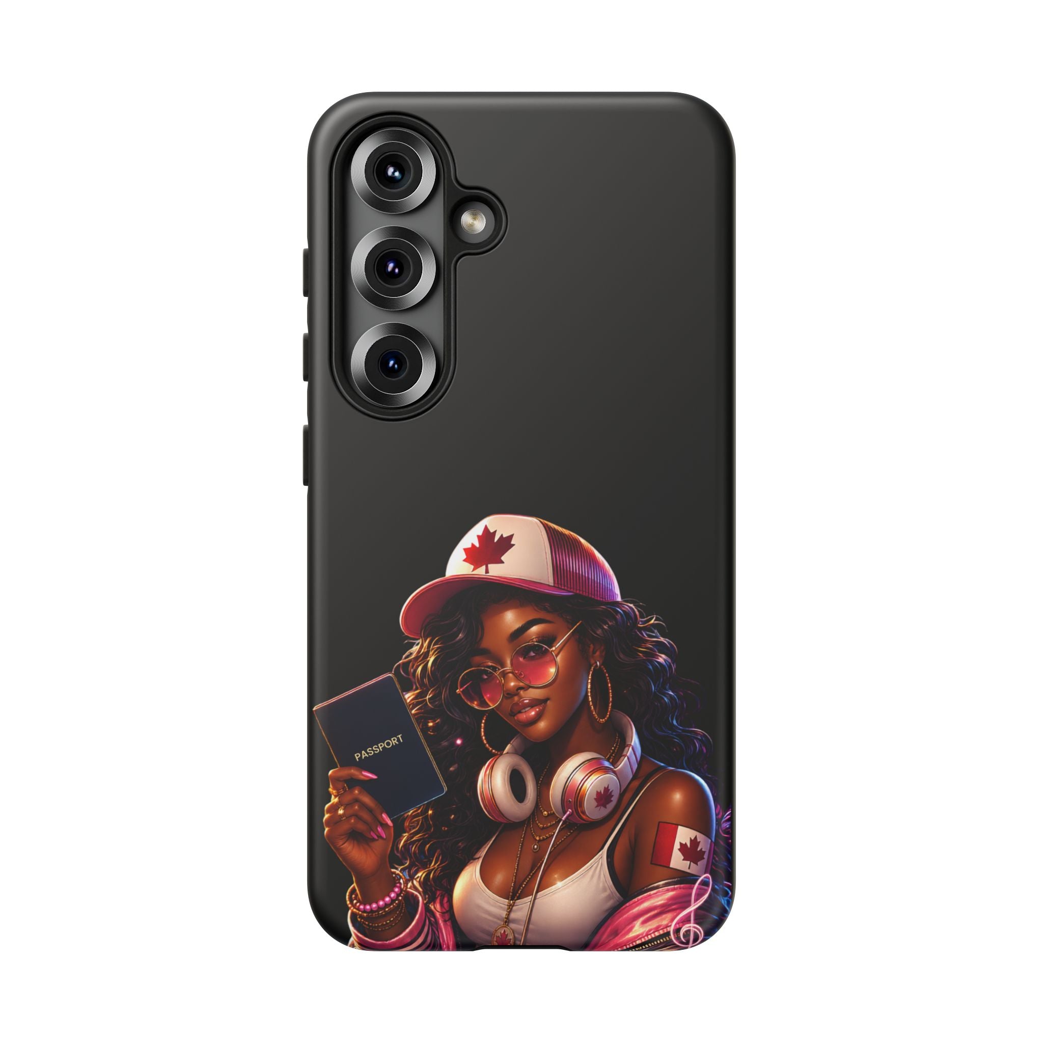 Canadian Vibes Phone Case — Afrobeat Girl with Headphones & Passport Design