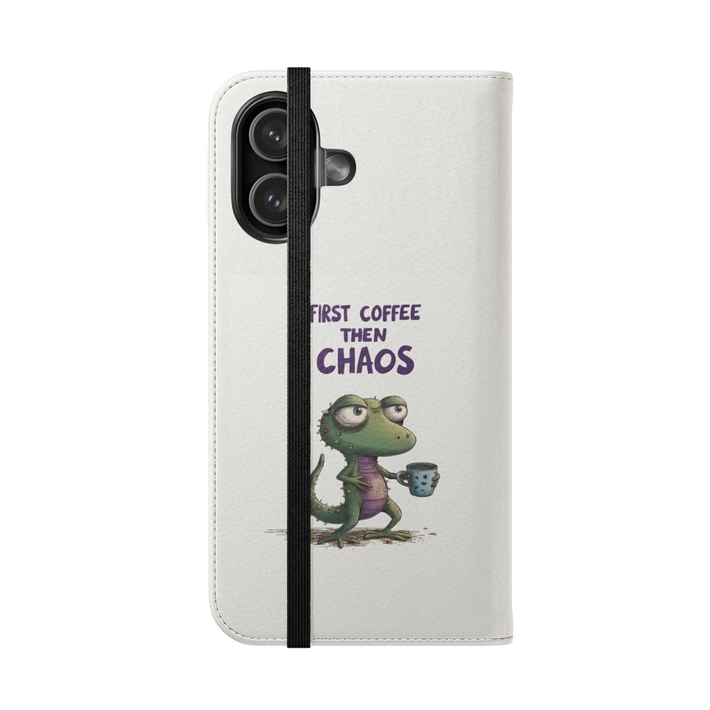 Flip Case — "First Coffee Then Chaos" Cute Dino Phone Wallet