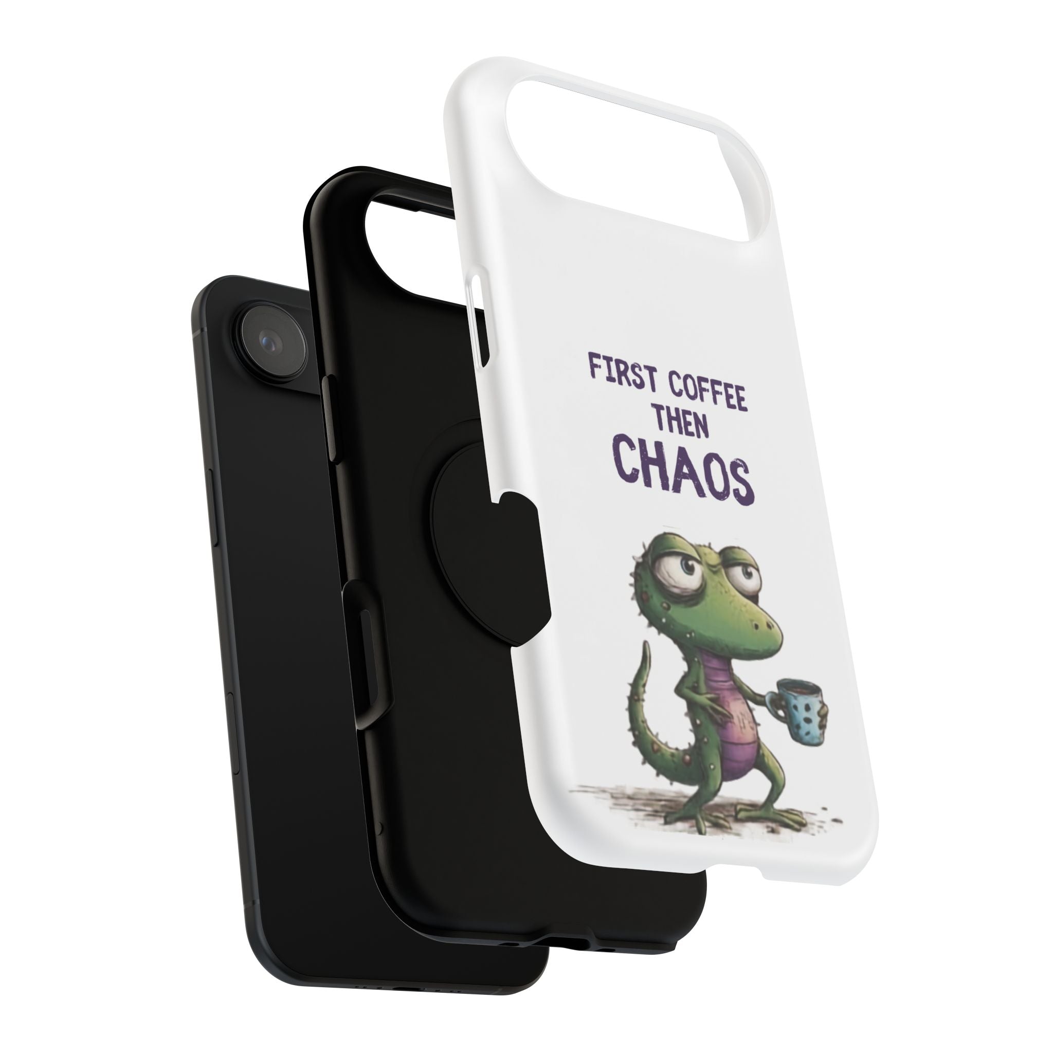 Impact-Resistant Phone Case — "First Coffee Then Chaos" Cute Lizard Coffee Design