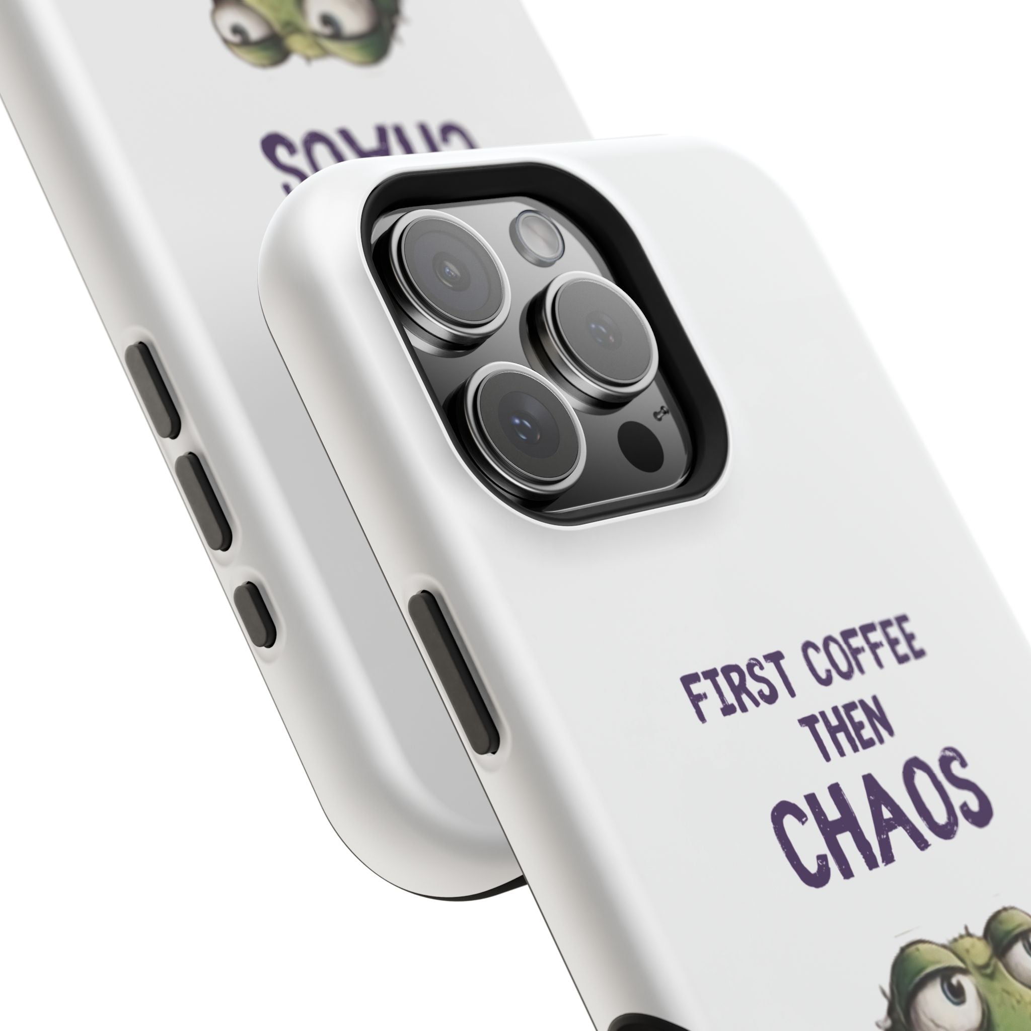 Impact-Resistant Phone Case — "First Coffee Then Chaos" Cute Lizard Coffee Design