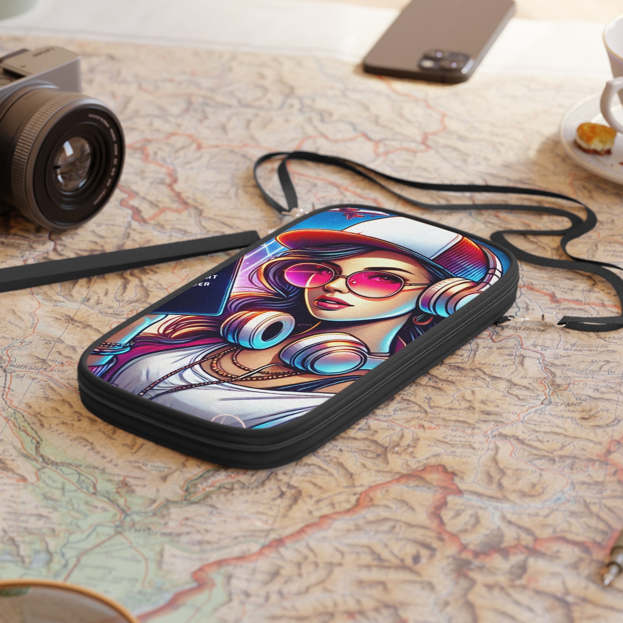 Retro Cool Travel Passport Wallet — Neon Headphones Girl Design