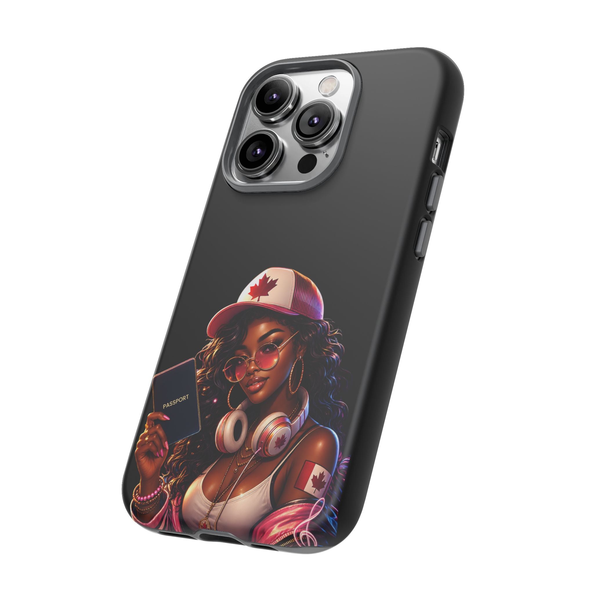 Canadian Vibes Phone Case — Afrobeat Girl with Headphones & Passport Design