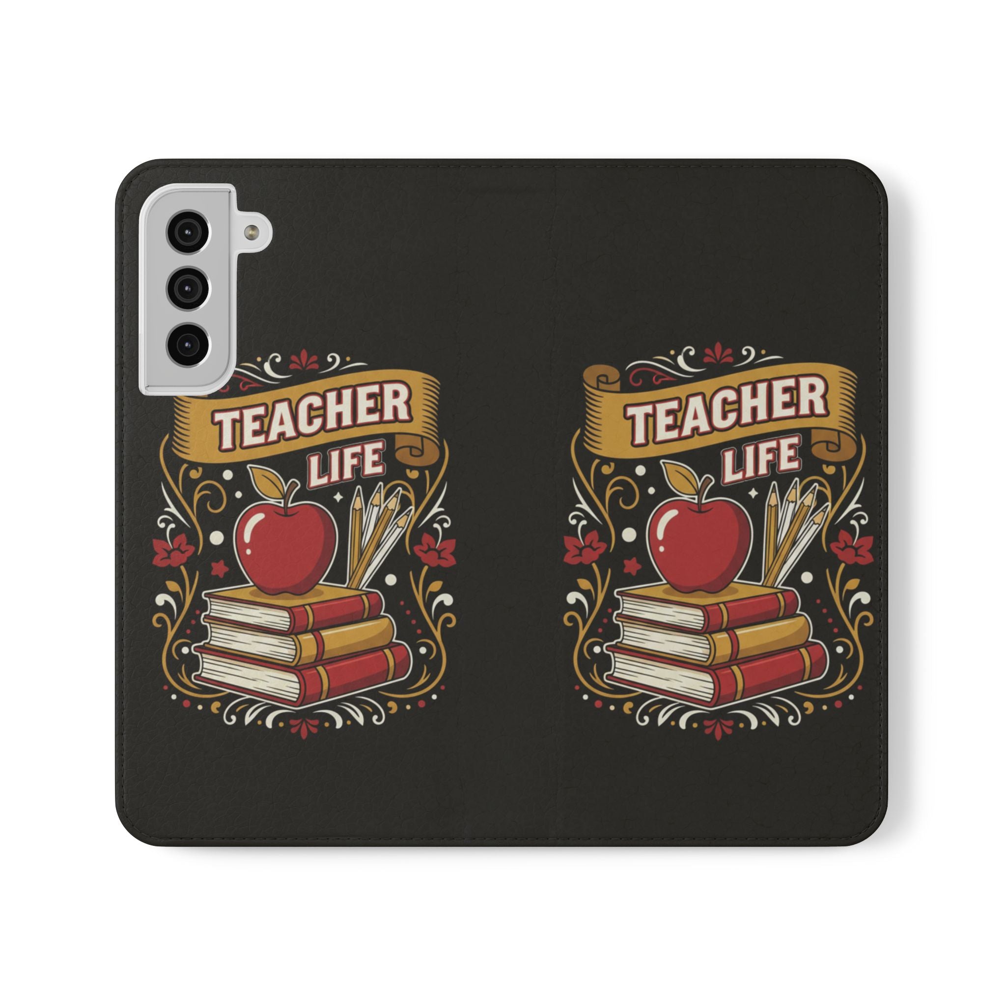 Teacher Life Flip Phone Case – Wallet Folio with Apple & Books Design