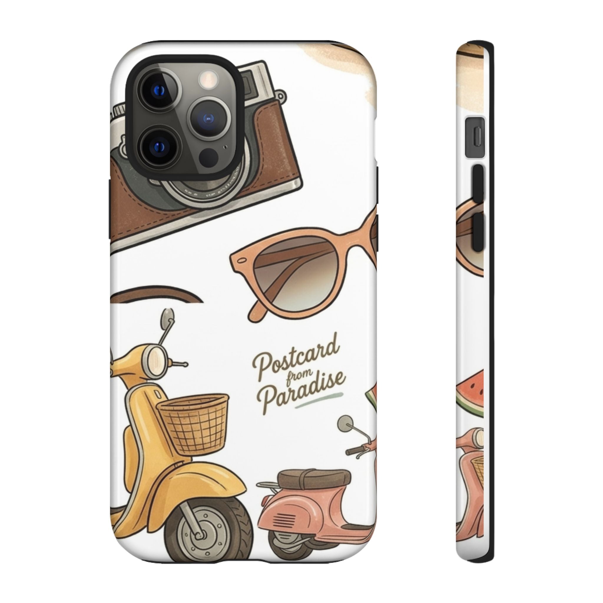 Vintage Summer Beach Phone Case — Feminine Travel Pattern with Cameras, Sunglasses & Scooter