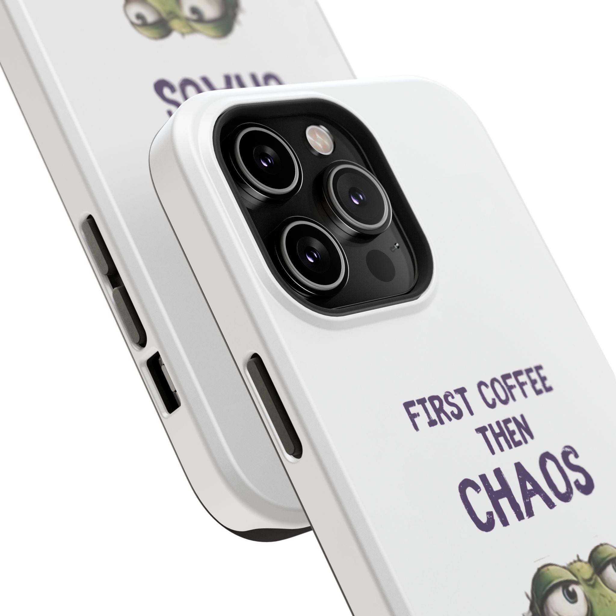 Impact-Resistant Phone Case — "First Coffee Then Chaos" Cute Lizard Coffee Design