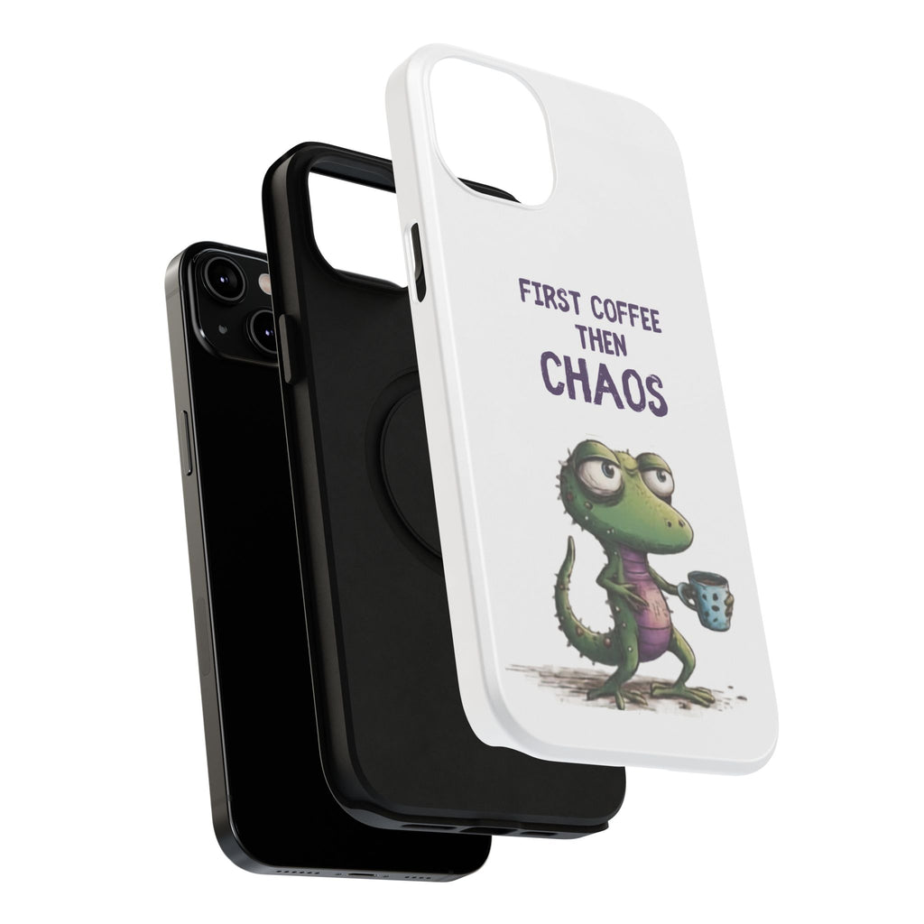 Impact-Resistant Phone Case — "First Coffee Then Chaos" Cute Lizard Coffee Design