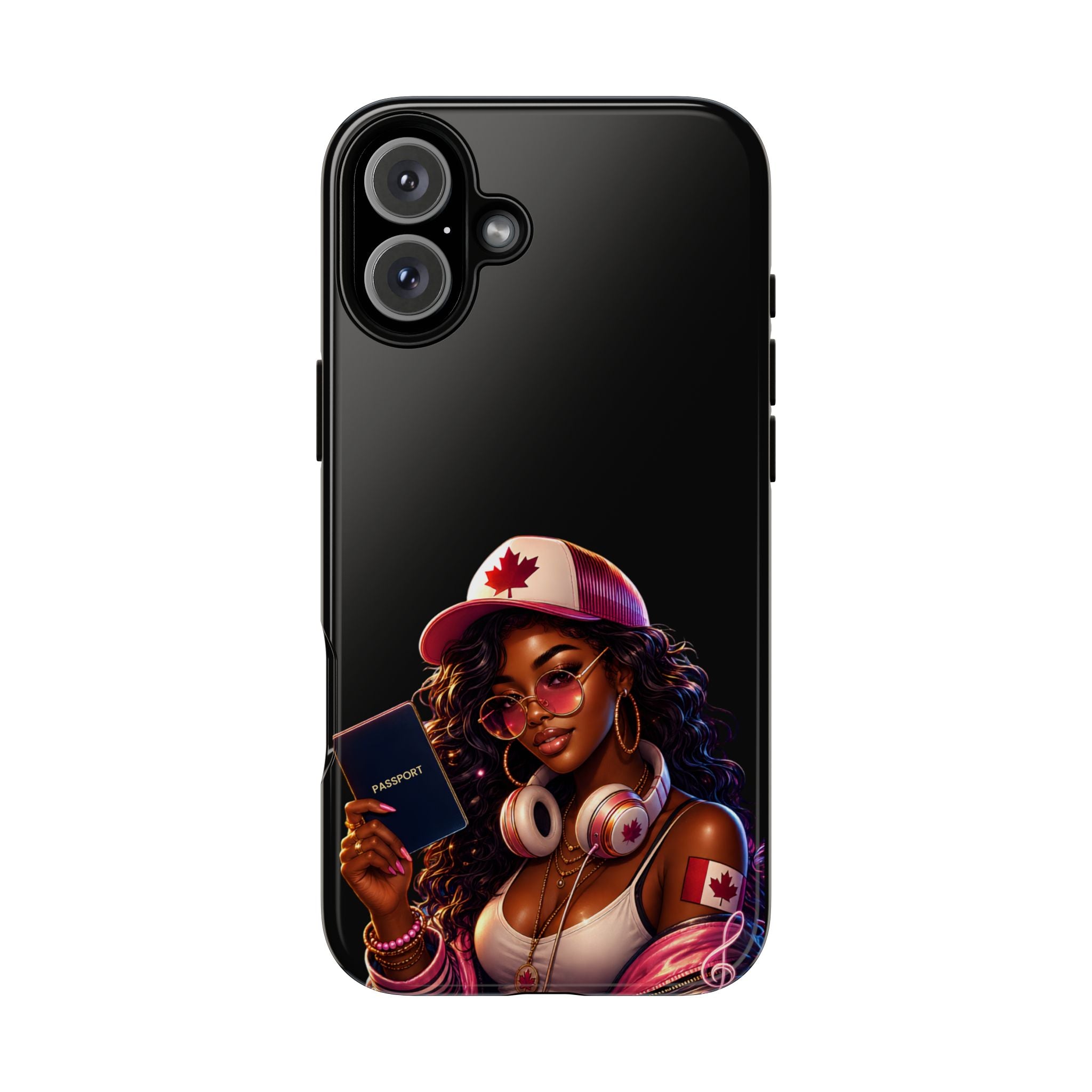 Canadian Vibes Phone Case — Afrobeat Girl with Headphones & Passport Design
