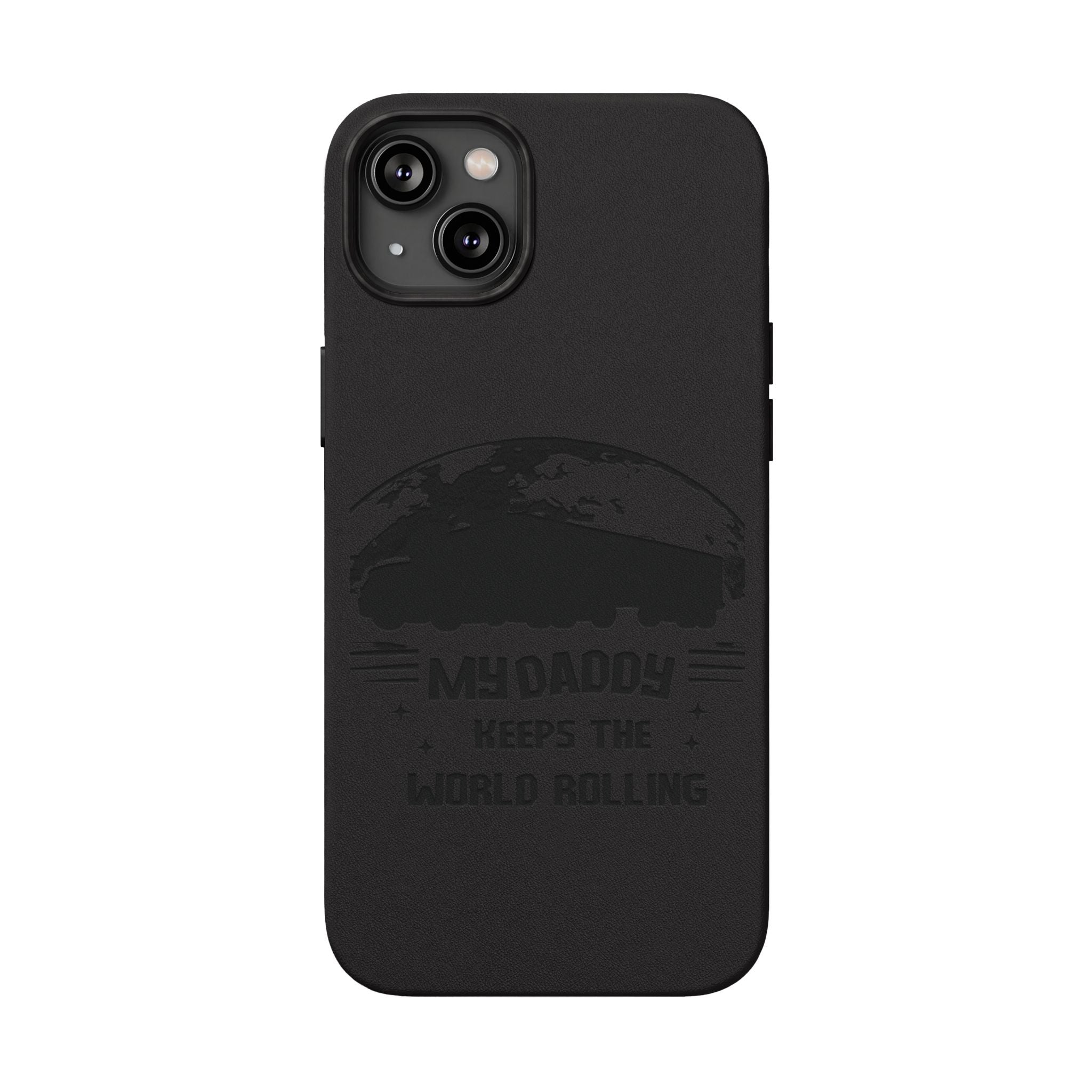 Engraved PU Leather Phone Case — 'Mhdaddy Keeps the World Rolling' Vintage Van Design