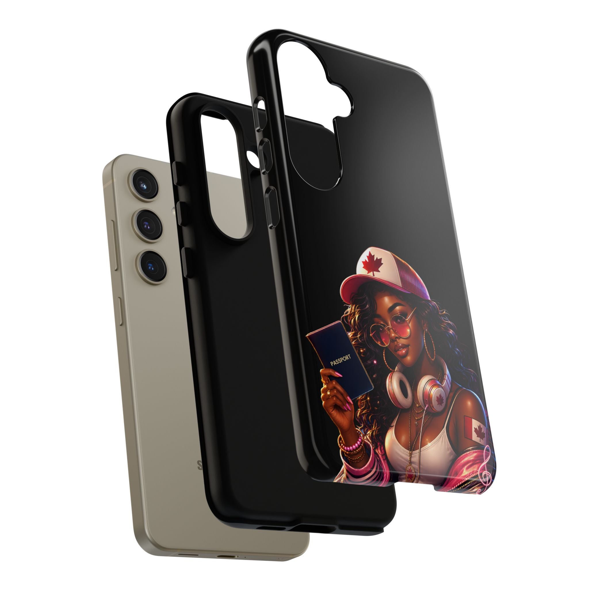 Canadian Vibes Phone Case — Afrobeat Girl with Headphones & Passport Design