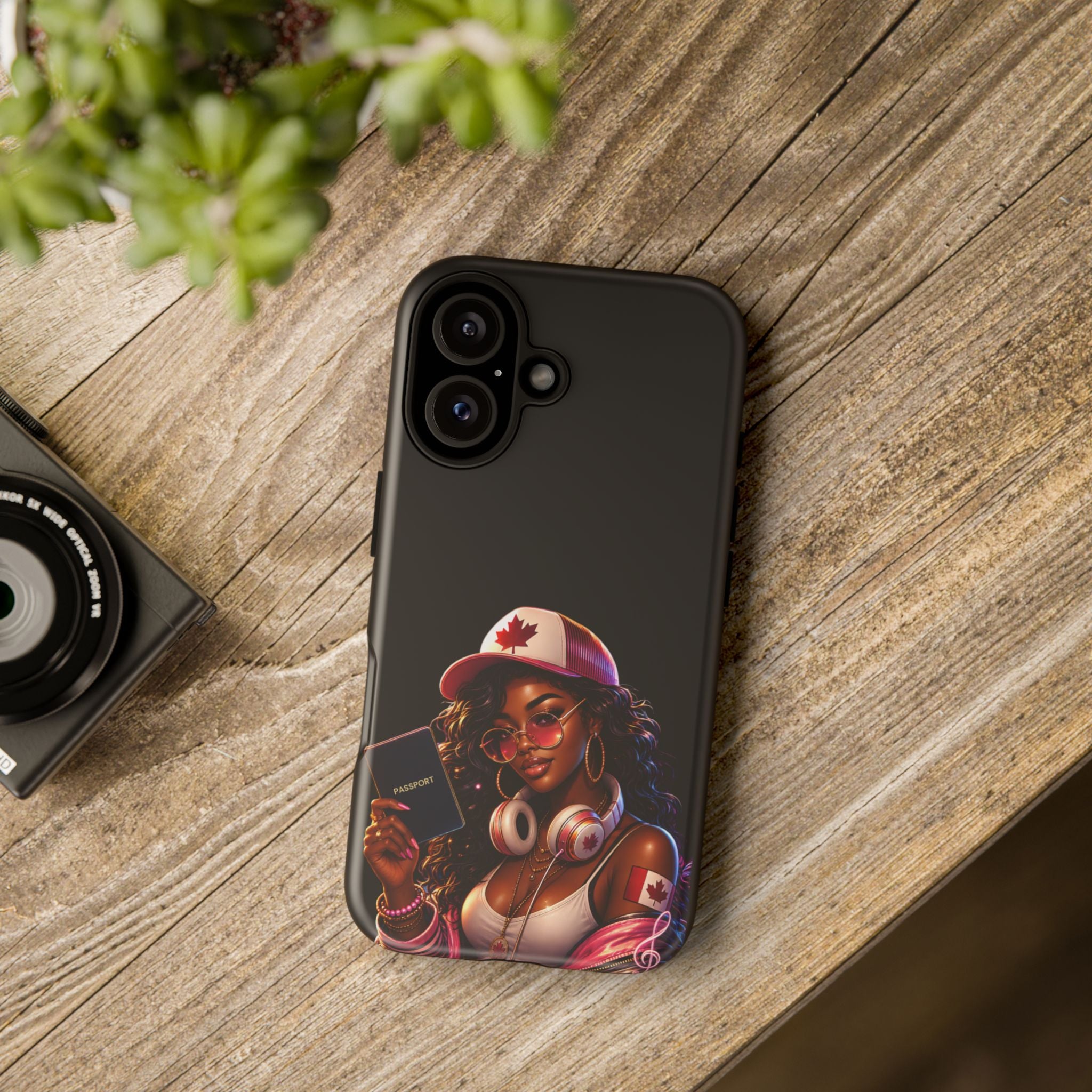 Canadian Vibes Phone Case — Afrobeat Girl with Headphones & Passport Design