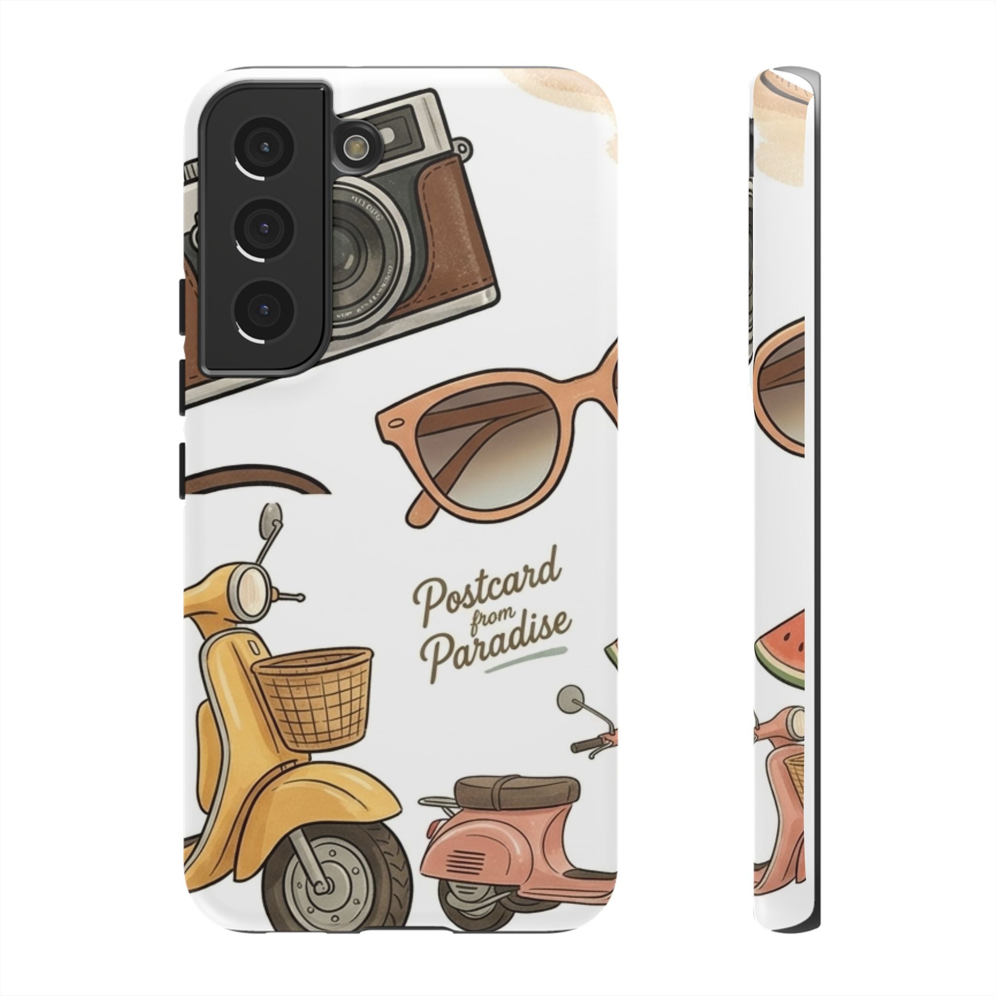Vintage Summer Beach Phone Case — Feminine Travel Pattern with Cameras, Sunglasses & Scooter