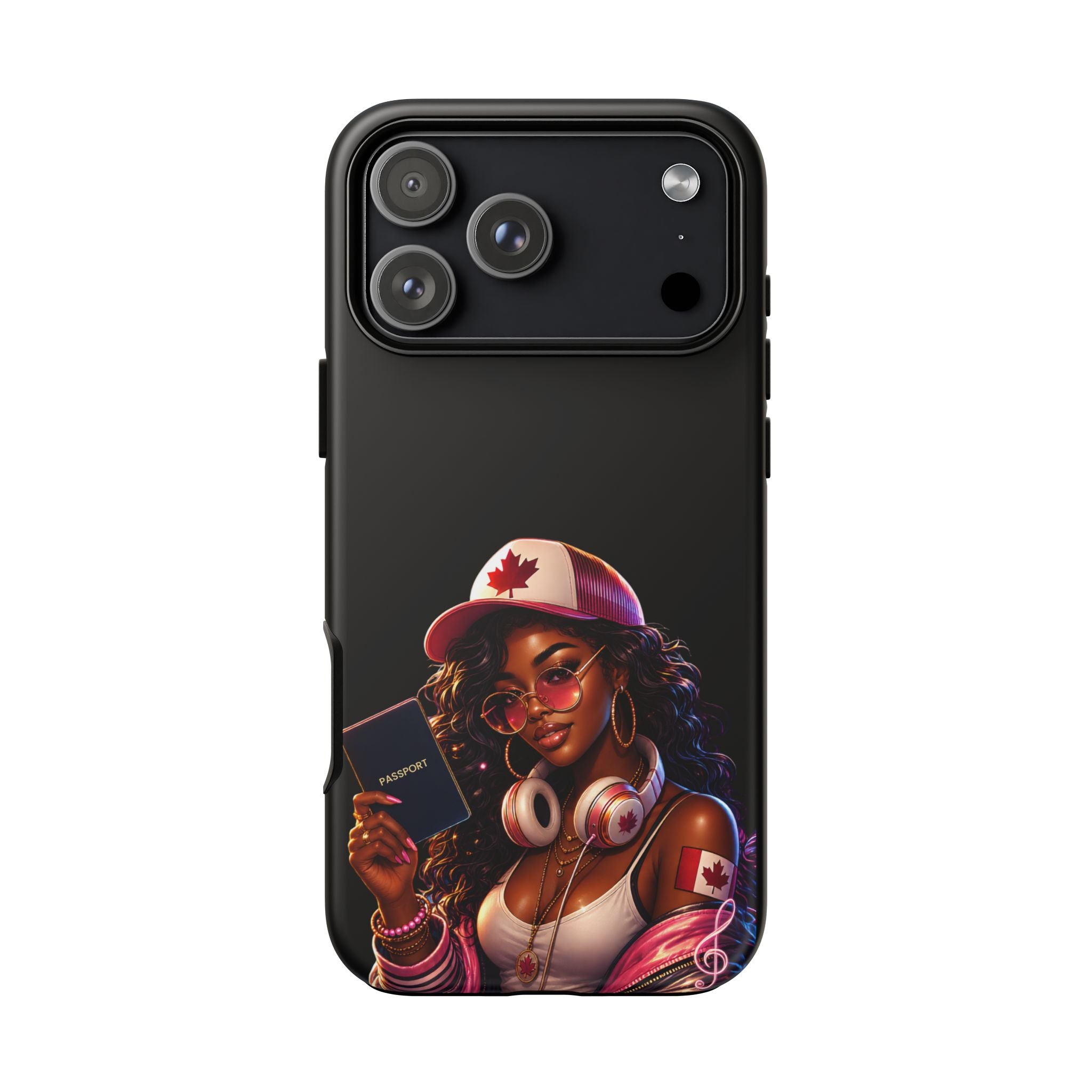 Canadian Vibes Phone Case — Afrobeat Girl with Headphones & Passport Design