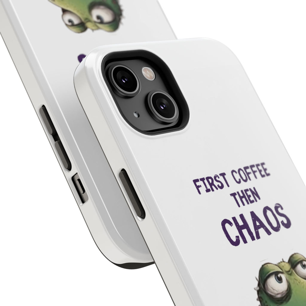 Impact-Resistant Phone Case — "First Coffee Then Chaos" Cute Lizard Coffee Design