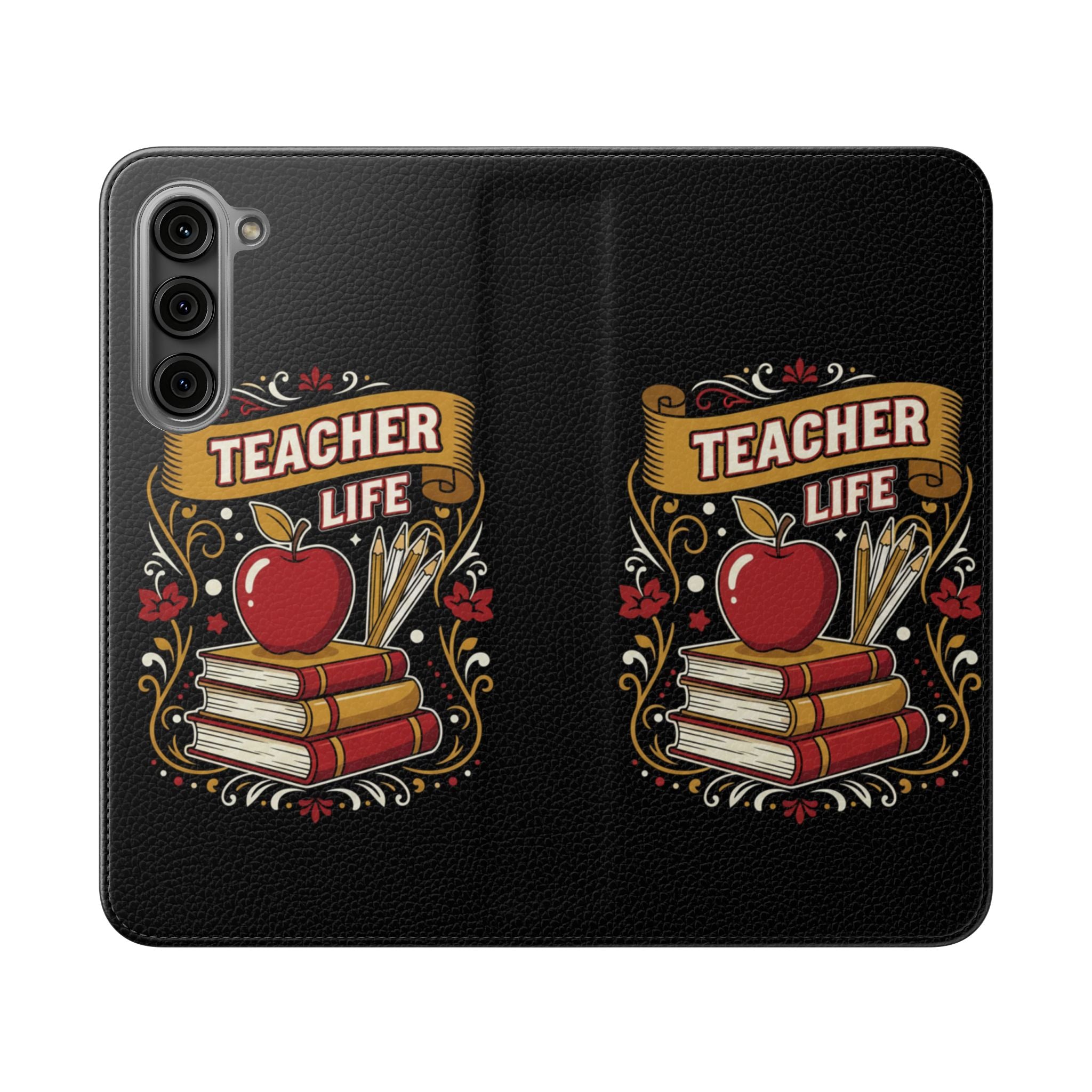 Teacher Life Flip Phone Case – Wallet Folio with Apple & Books Design