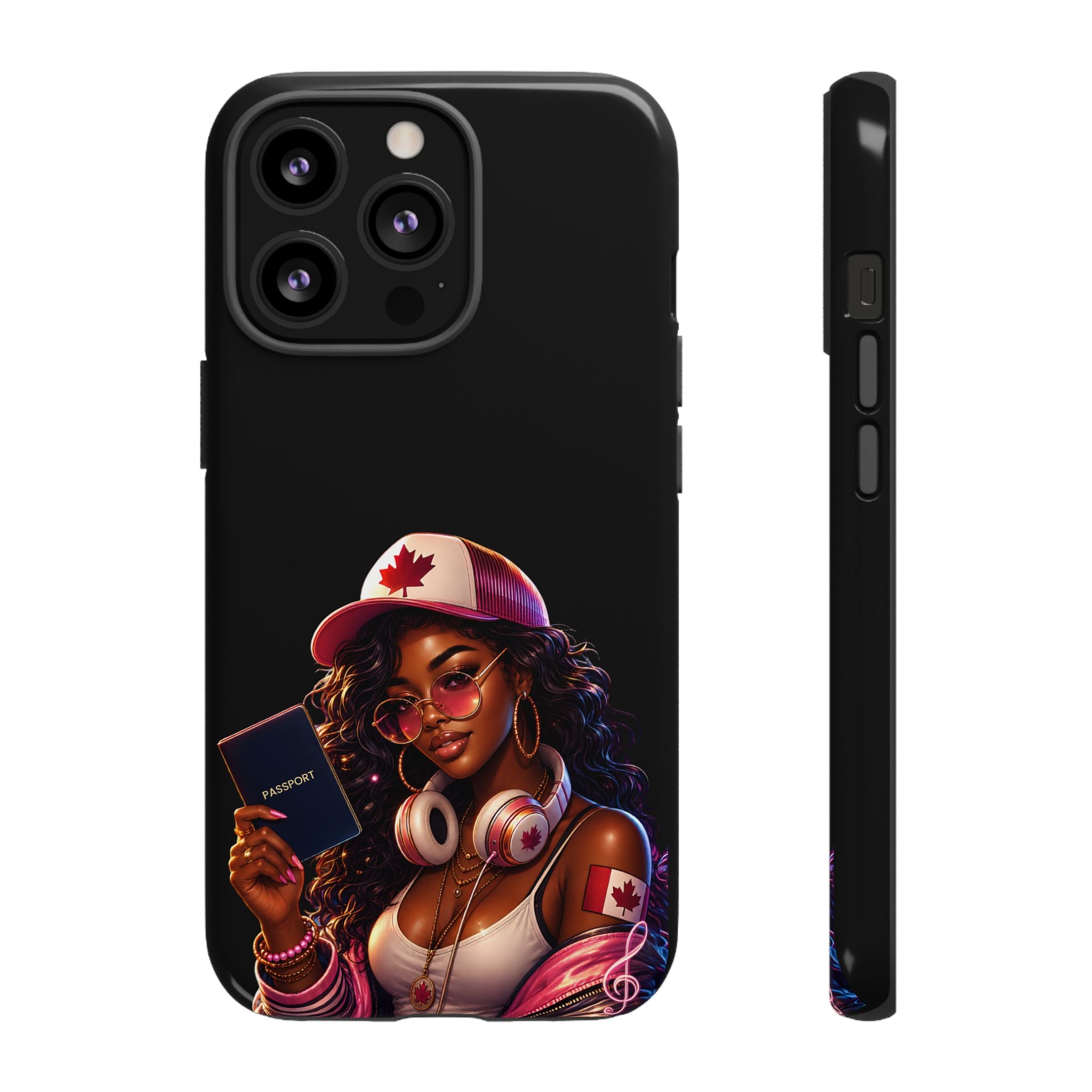 Canadian Vibes Phone Case — Afrobeat Girl with Headphones & Passport Design