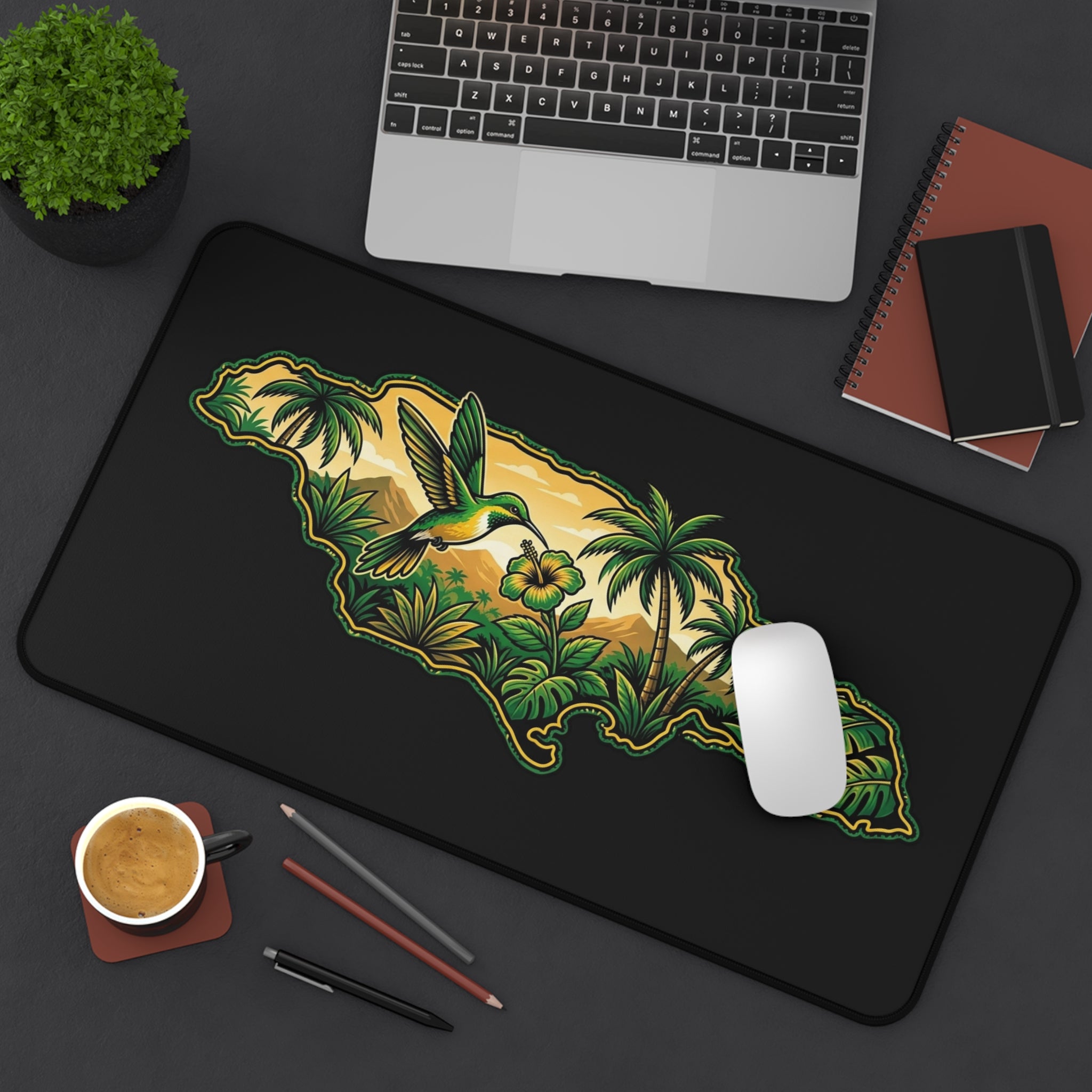 Desk Mat — Jamaican Hummingbird Island Desk Mat (Tropical Palm, Hibiscus & Nautical Vibe)
