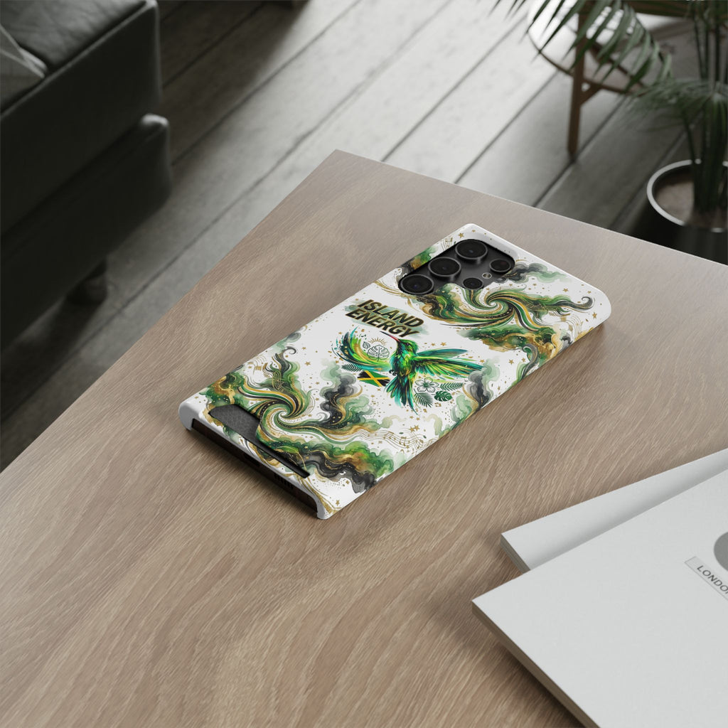 Phone Case with Card Holder — 'Island Energy' Green Hummingbird Design