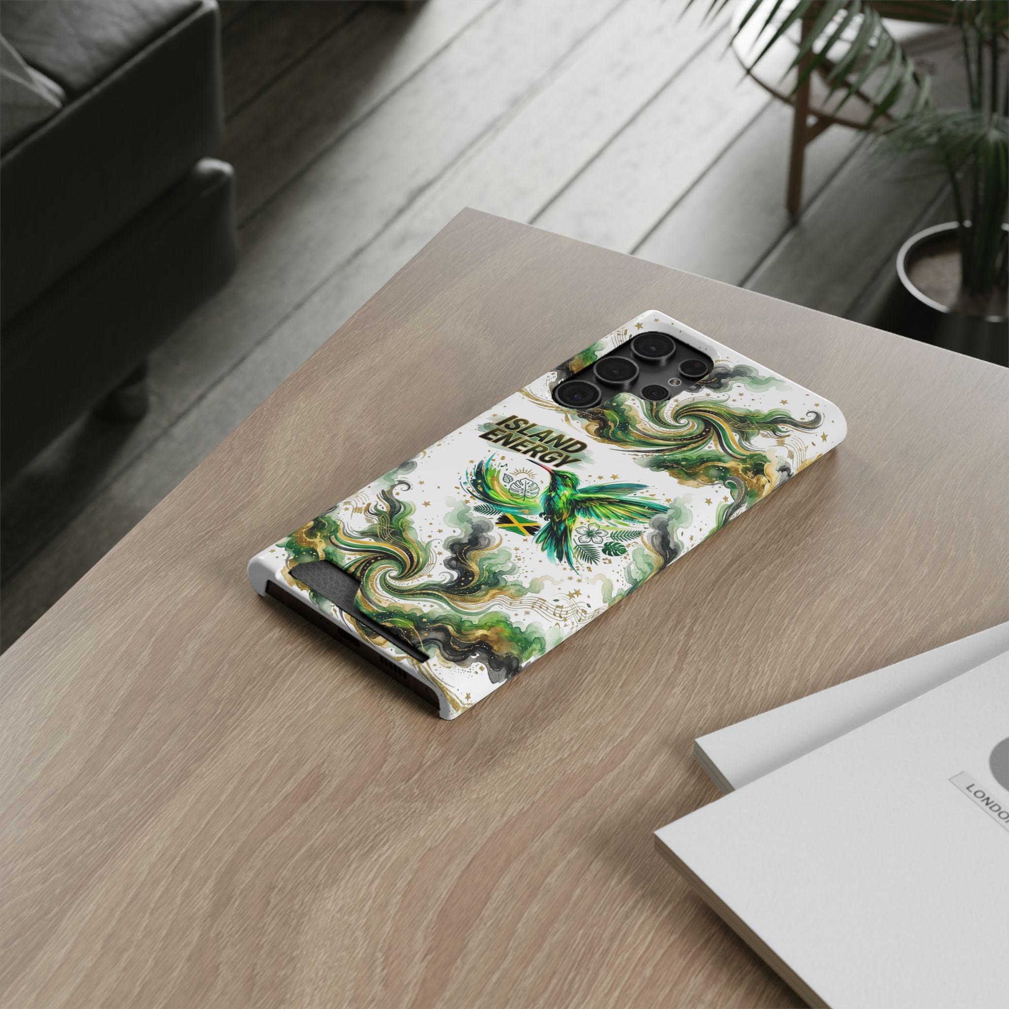 Phone Case with Card Holder — 'Island Energy' Green Hummingbird Design
