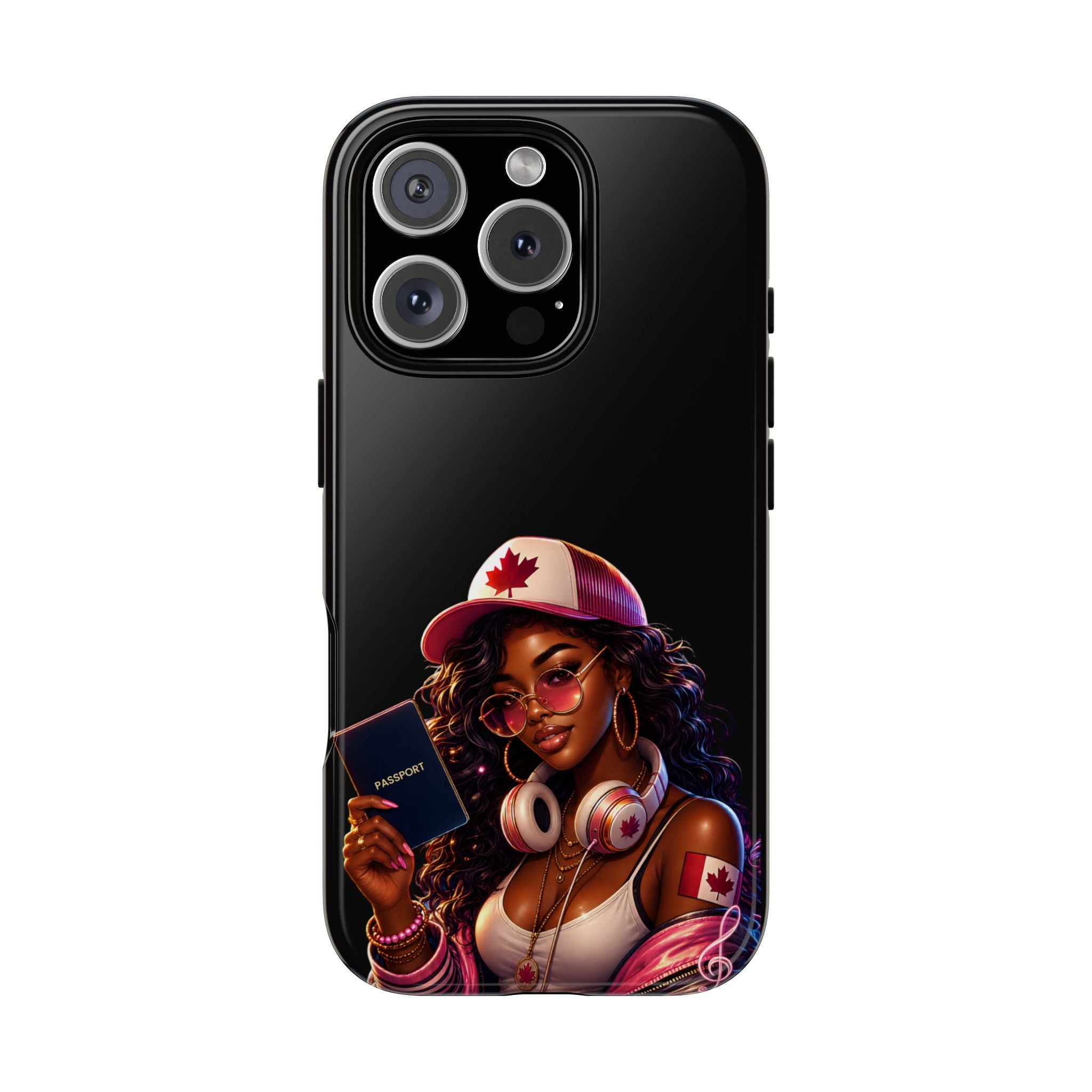 Canadian Vibes Phone Case — Afrobeat Girl with Headphones & Passport Design