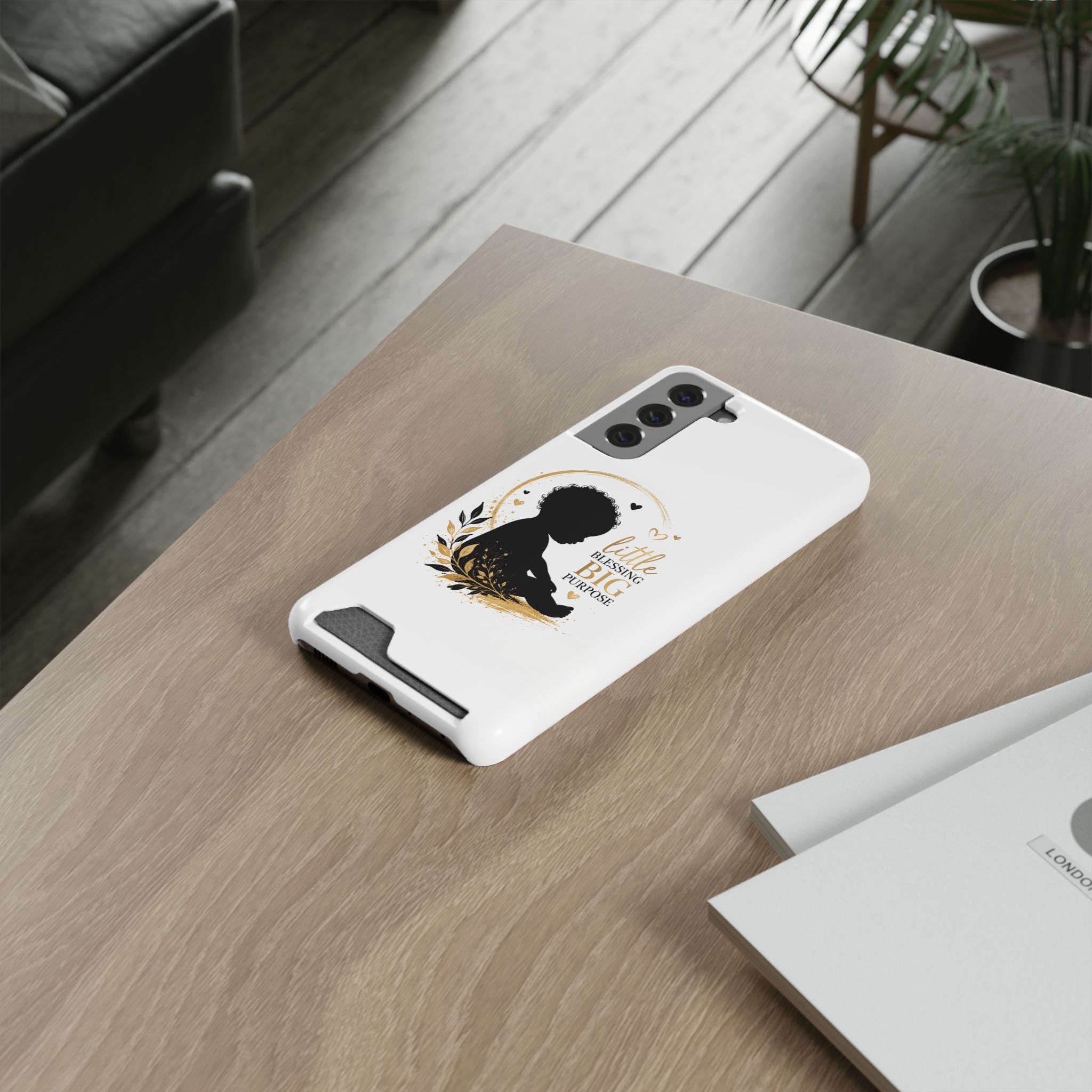 Phone Case with Card Holder — "Little Blessing Big Purpose" Silhouette Baby Design