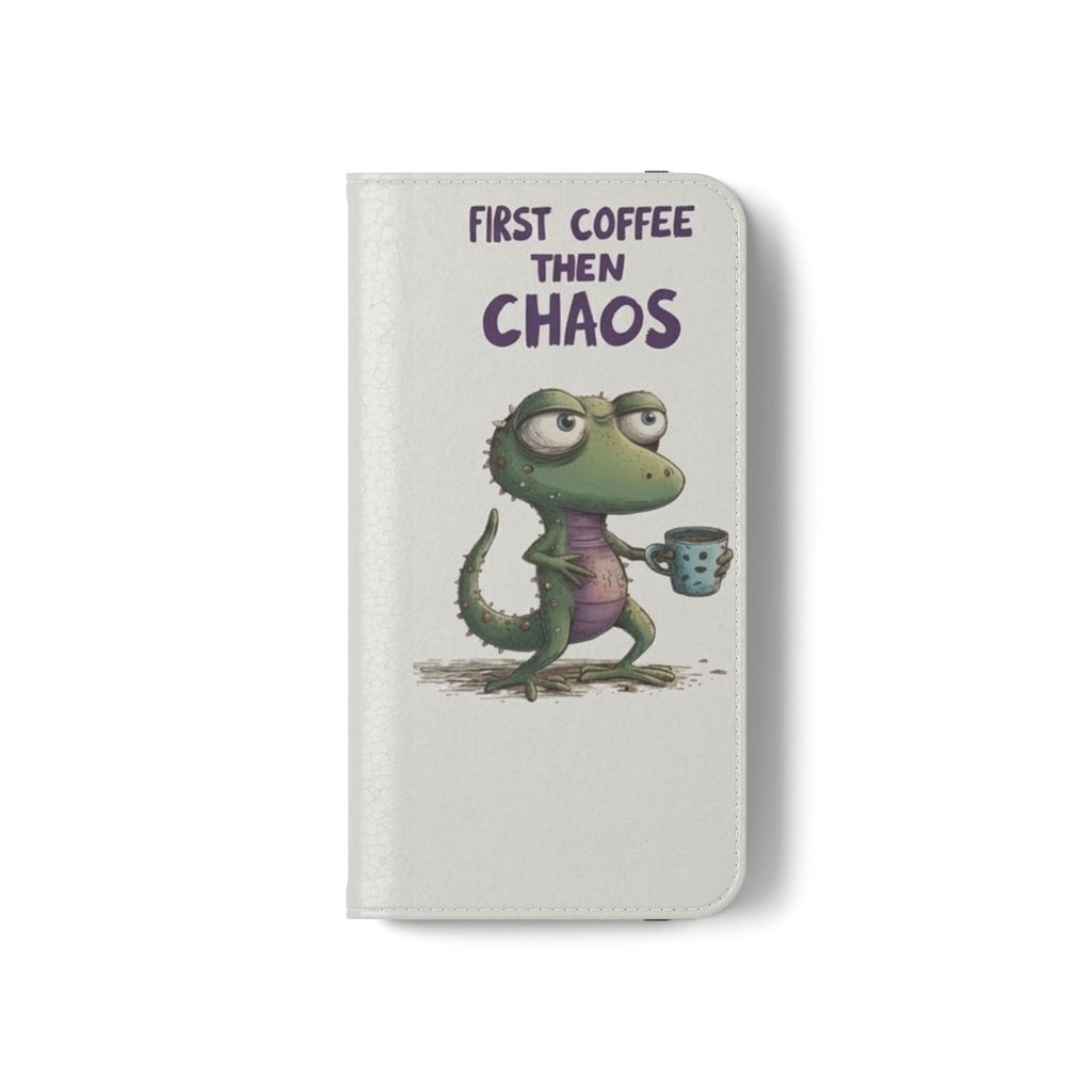 Flip Case — "First Coffee Then Chaos" Cute Dino Phone Wallet